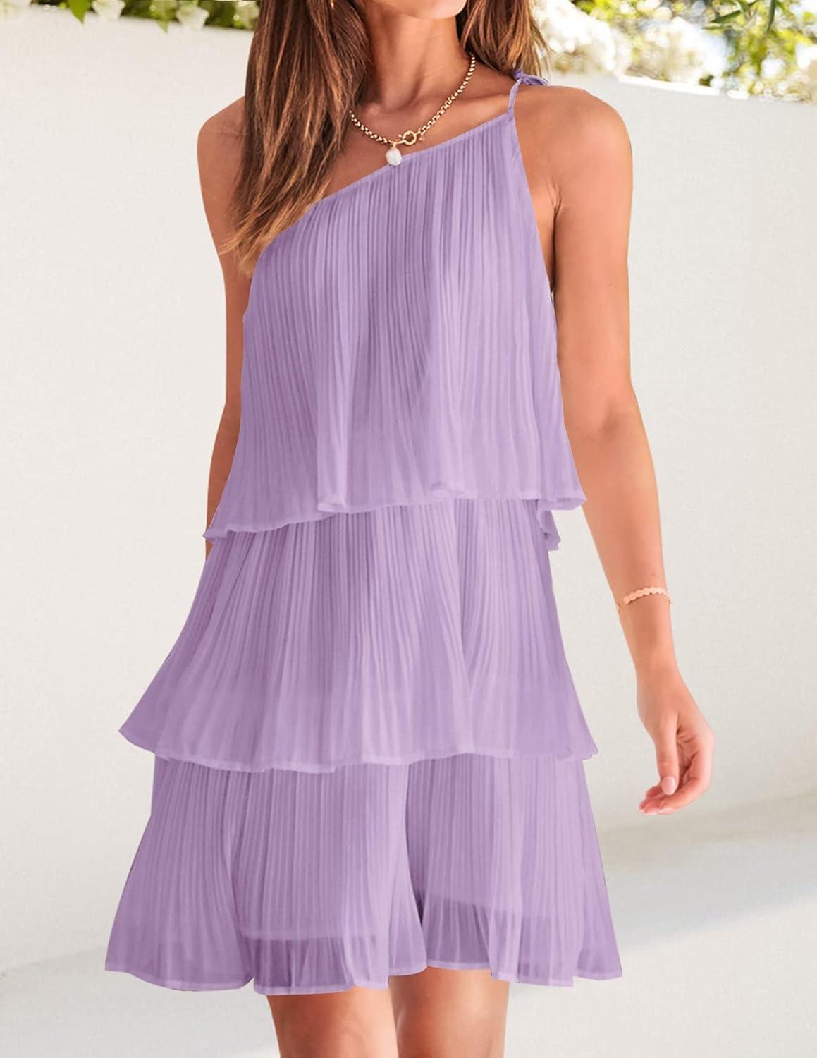 imageZESICA Womens Boho Summer One Shoulder Sleeveless Ruffle Tiered Layered Chiffon Pleated A Line Flowy Mini DressPurple
