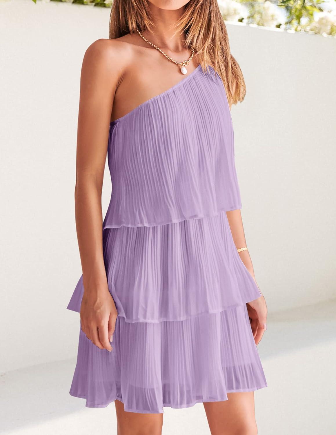imageZESICA Womens Boho Summer One Shoulder Sleeveless Ruffle Tiered Layered Chiffon Pleated A Line Flowy Mini DressPurple