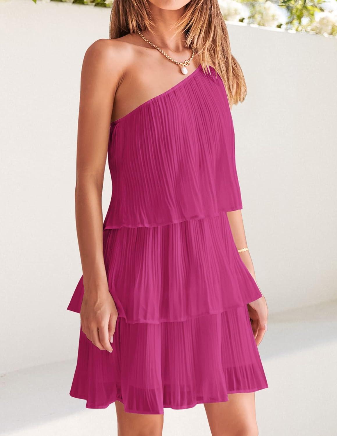 imageZESICA Womens Boho Summer One Shoulder Sleeveless Ruffle Tiered Layered Chiffon Pleated A Line Flowy Mini DressRose