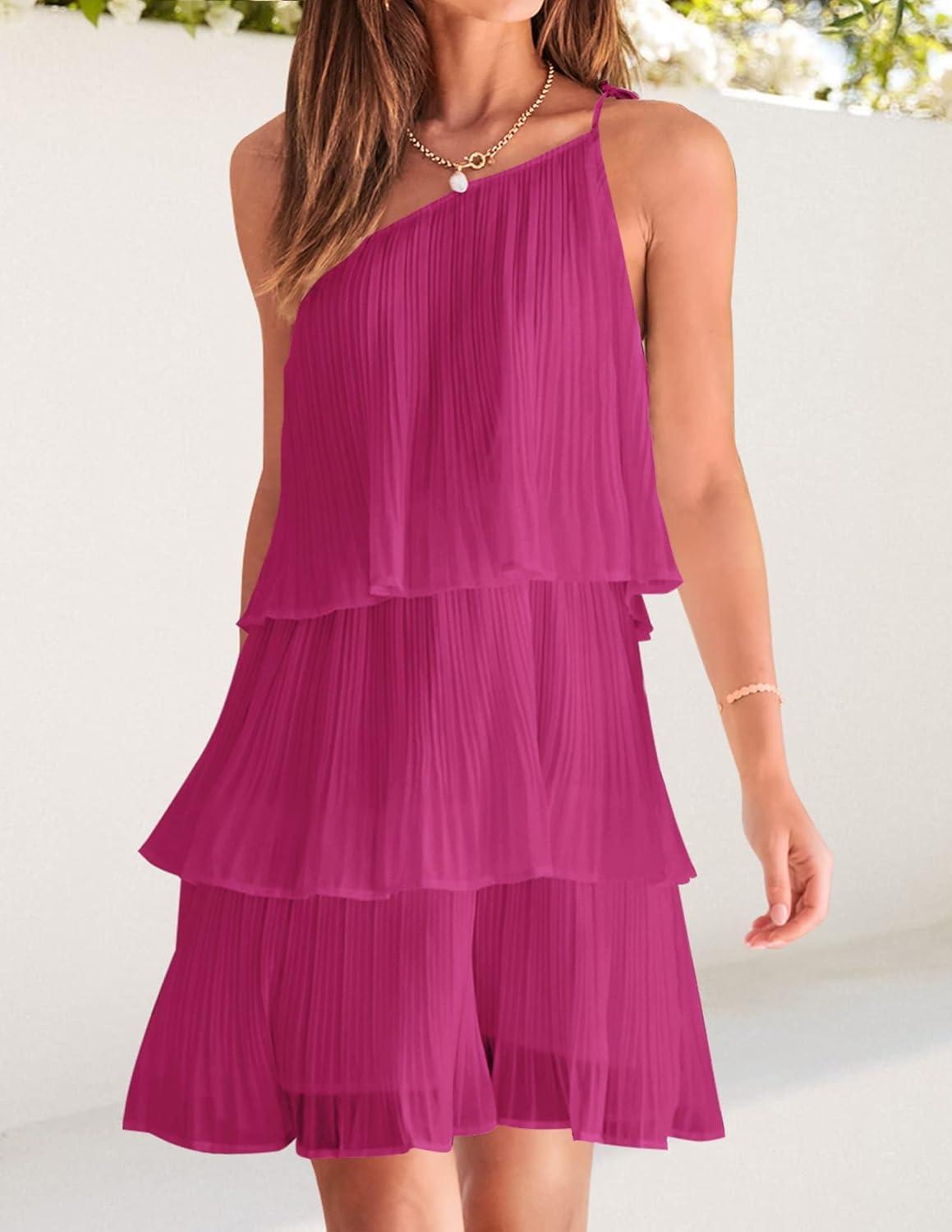imageZESICA Womens Boho Summer One Shoulder Sleeveless Ruffle Tiered Layered Chiffon Pleated A Line Flowy Mini DressRose