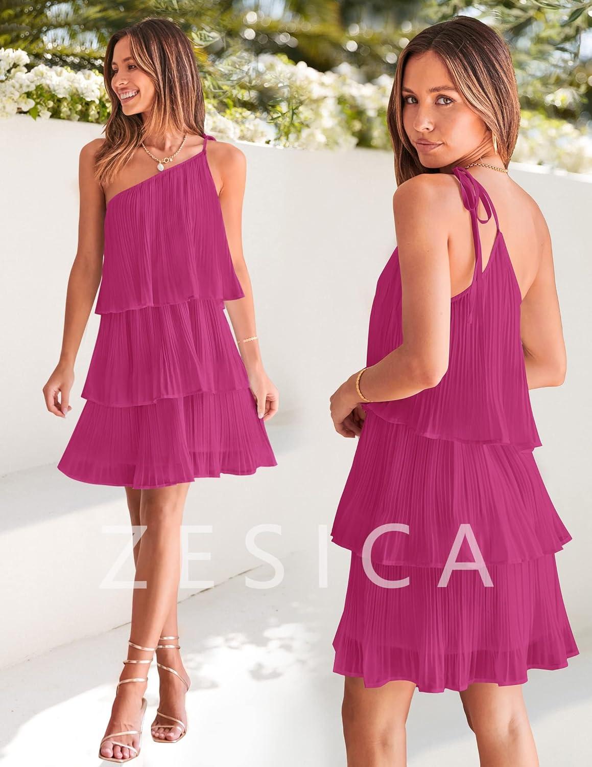 imageZESICA Womens Boho Summer One Shoulder Sleeveless Ruffle Tiered Layered Chiffon Pleated A Line Flowy Mini DressRose