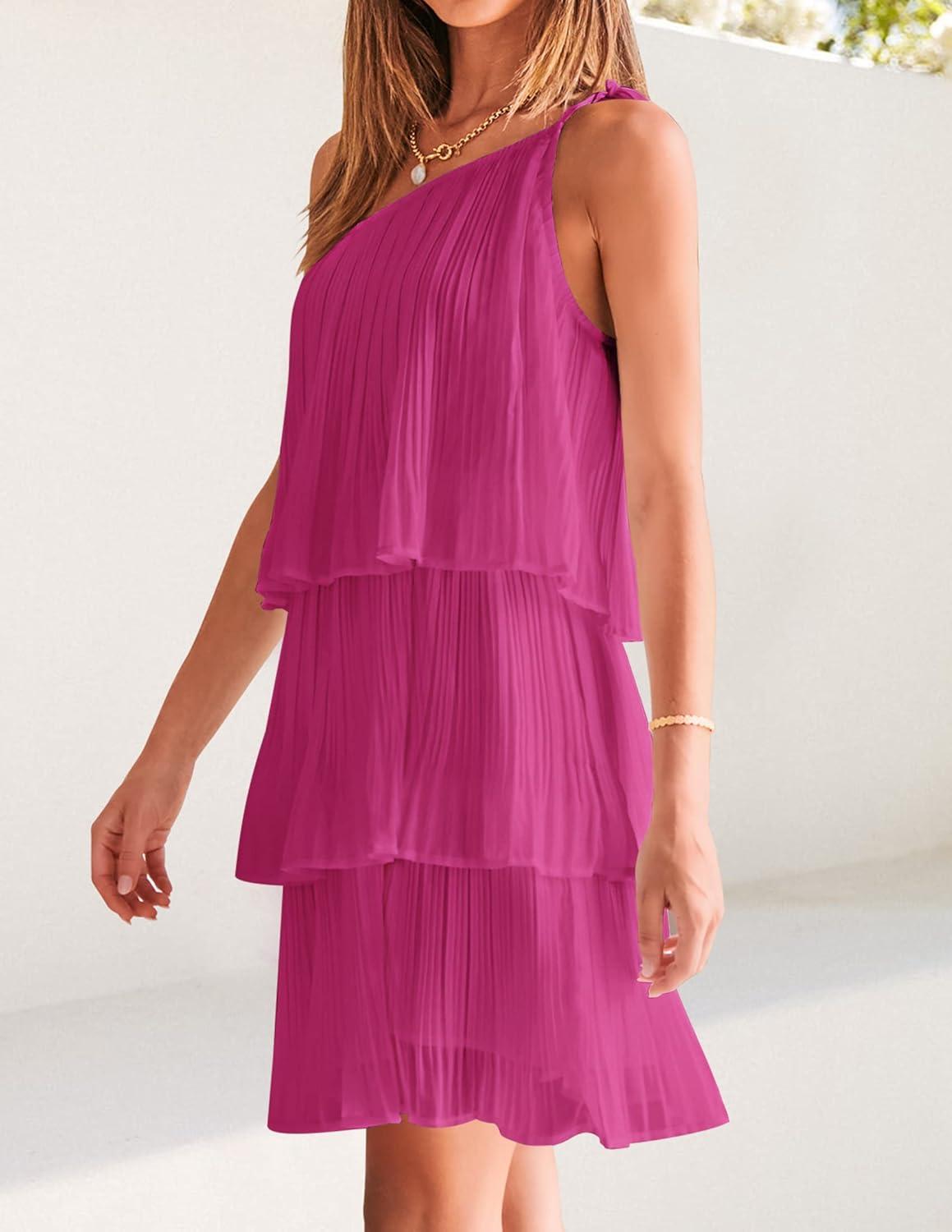 imageZESICA Womens Boho Summer One Shoulder Sleeveless Ruffle Tiered Layered Chiffon Pleated A Line Flowy Mini DressRose
