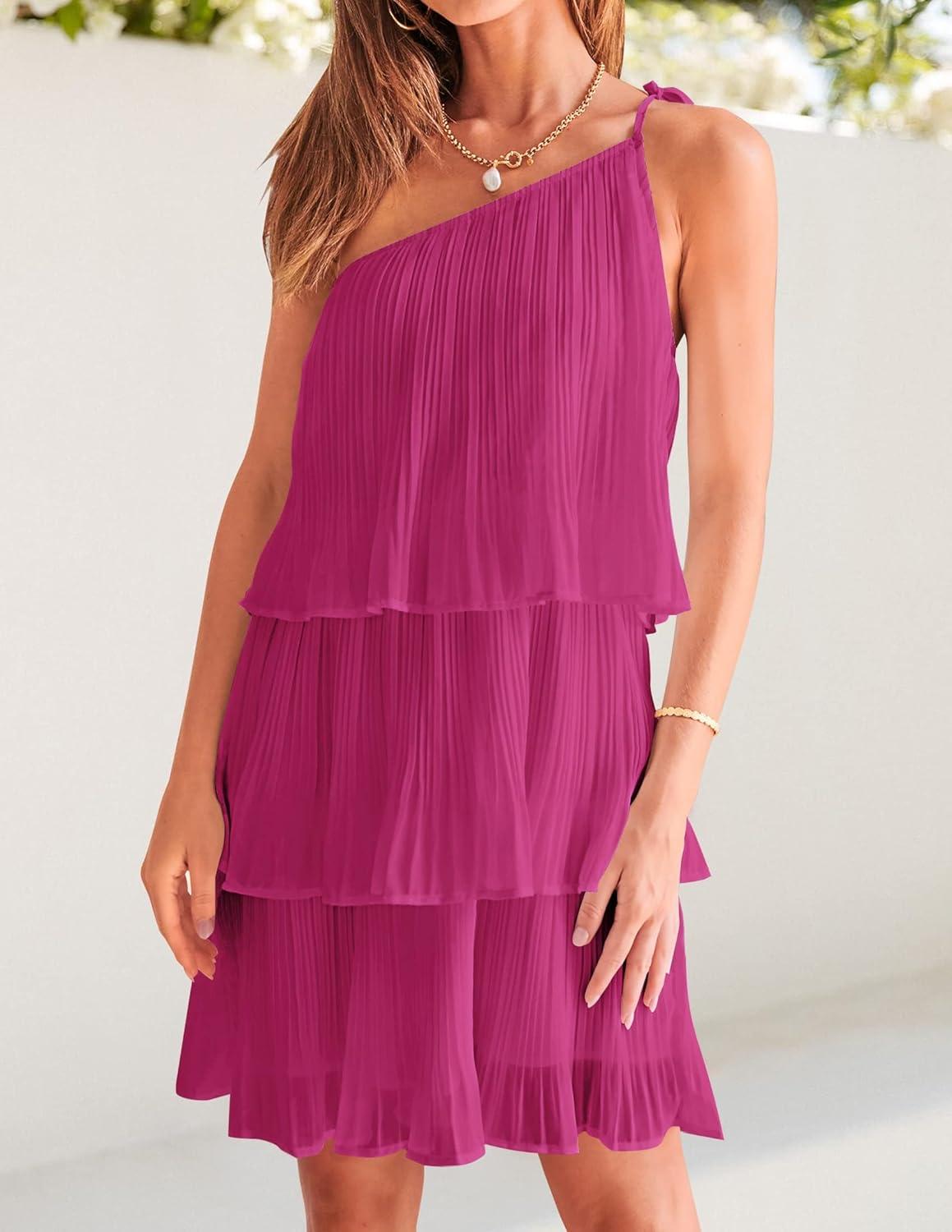 imageZESICA Womens Boho Summer One Shoulder Sleeveless Ruffle Tiered Layered Chiffon Pleated A Line Flowy Mini DressRose