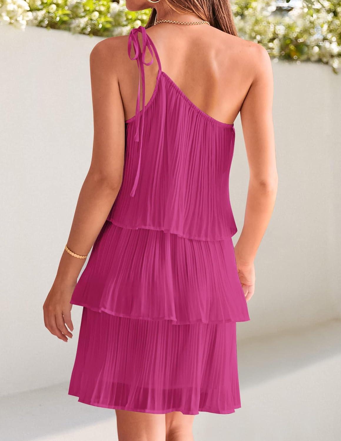 imageZESICA Womens Boho Summer One Shoulder Sleeveless Ruffle Tiered Layered Chiffon Pleated A Line Flowy Mini DressRose