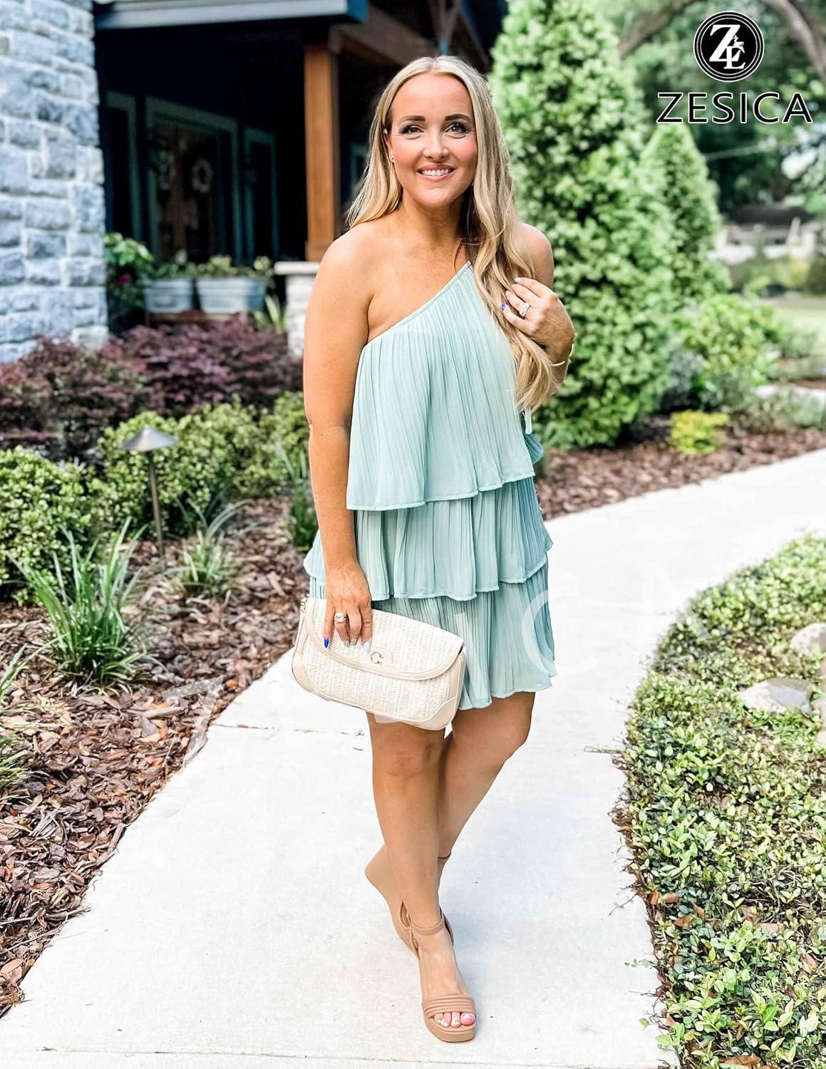 imageZESICA Womens Boho Summer One Shoulder Sleeveless Ruffle Tiered Layered Chiffon Pleated A Line Flowy Mini DressSage
