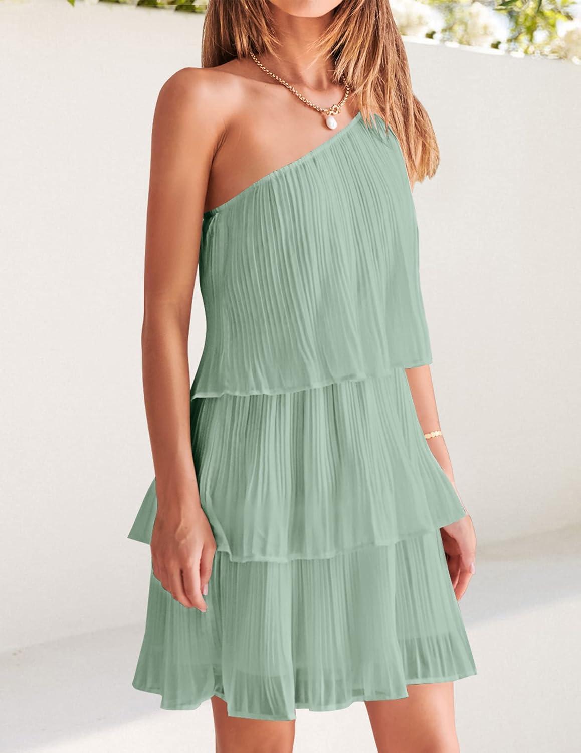 imageZESICA Womens Boho Summer One Shoulder Sleeveless Ruffle Tiered Layered Chiffon Pleated A Line Flowy Mini DressSage