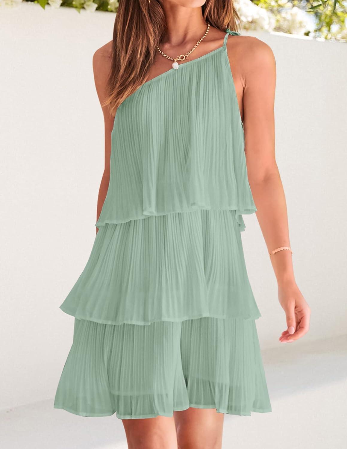 imageZESICA Womens Boho Summer One Shoulder Sleeveless Ruffle Tiered Layered Chiffon Pleated A Line Flowy Mini DressSage