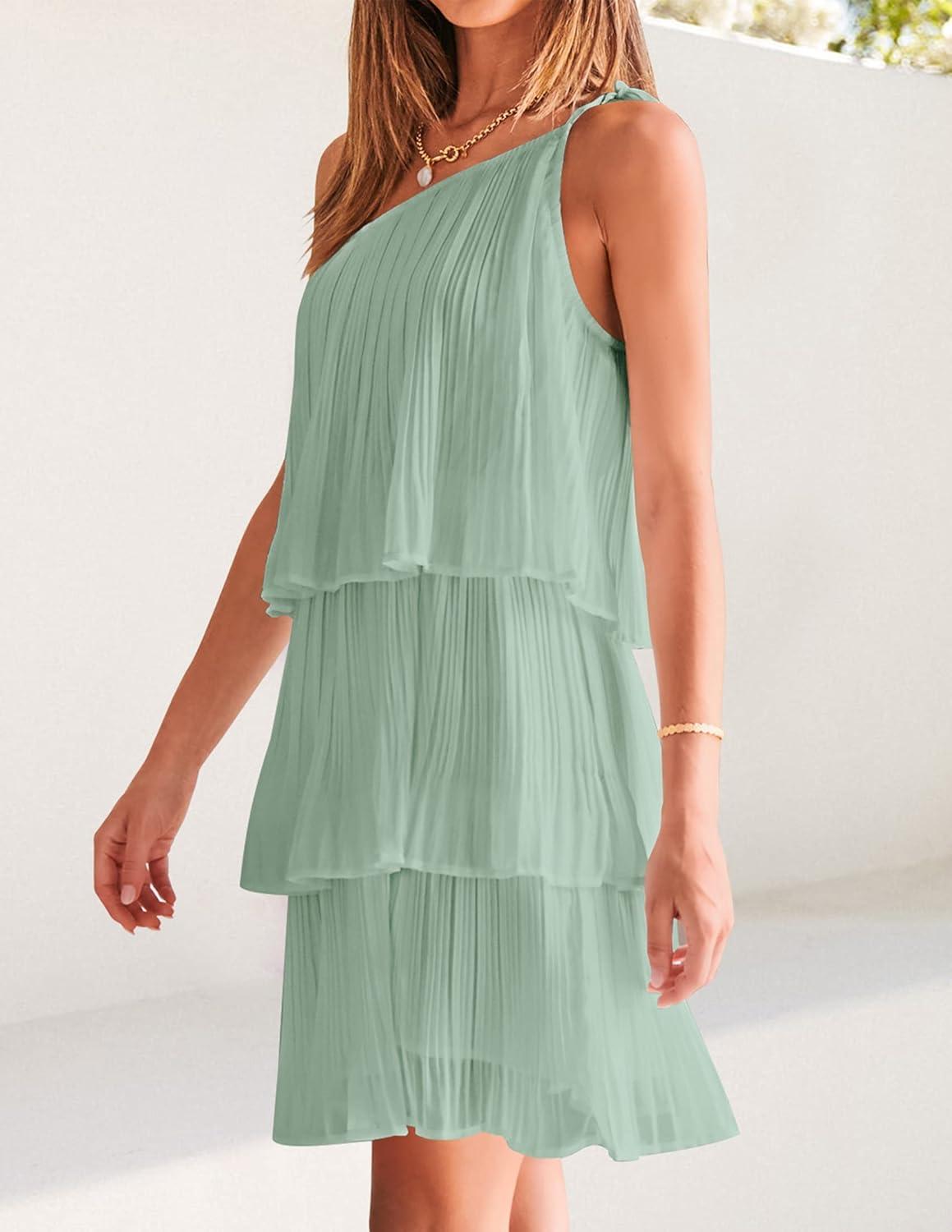 imageZESICA Womens Boho Summer One Shoulder Sleeveless Ruffle Tiered Layered Chiffon Pleated A Line Flowy Mini DressSage