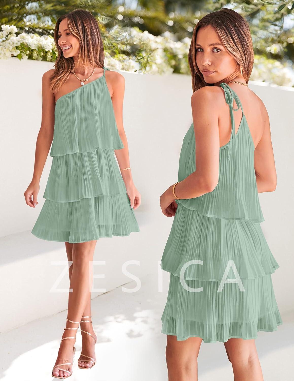 imageZESICA Womens Boho Summer One Shoulder Sleeveless Ruffle Tiered Layered Chiffon Pleated A Line Flowy Mini DressSage
