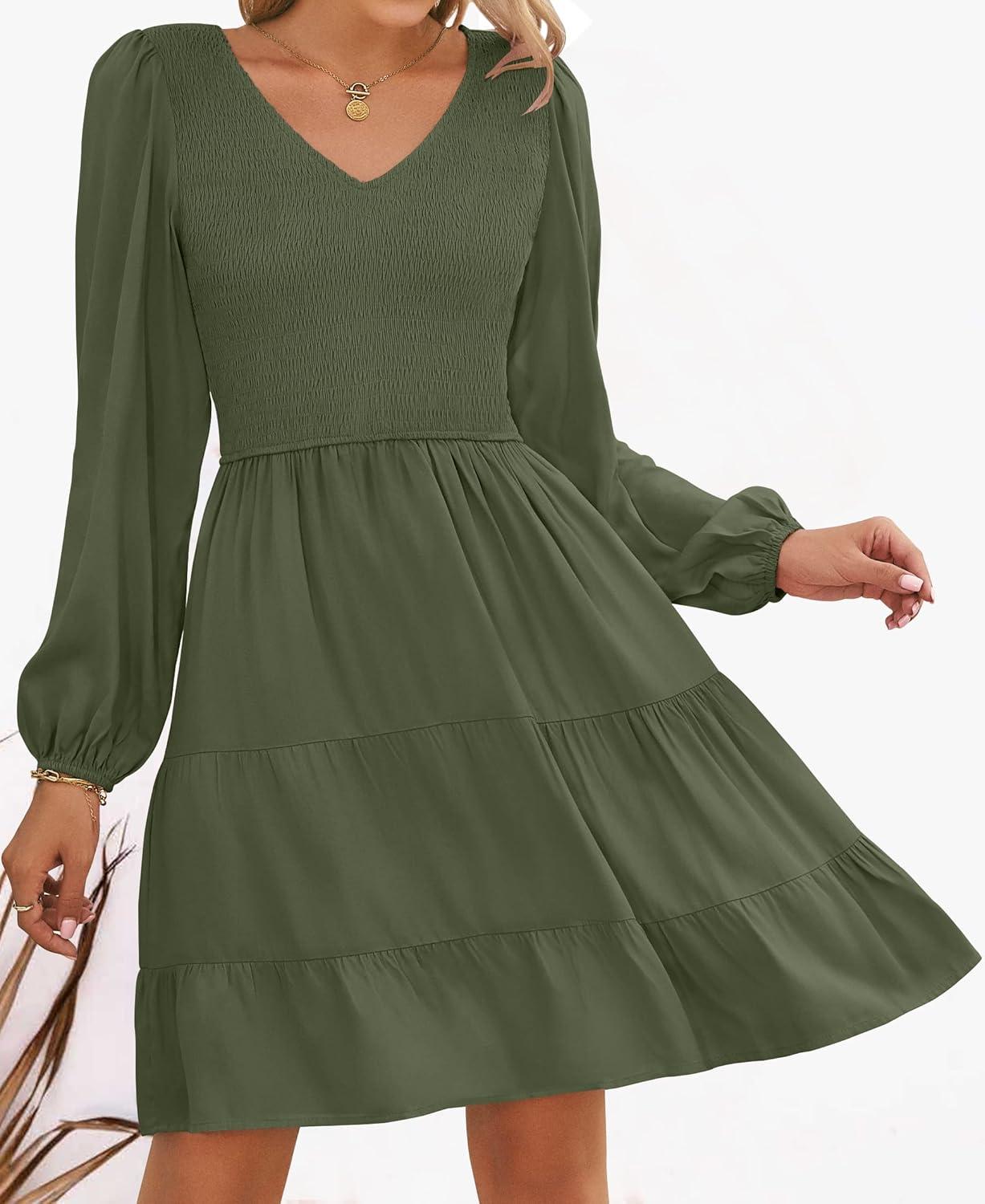 imageZESICA Womens Casual V Neck Long Sleeve Smocked High Waist Ruffle A Line Tiered Mini DressArmygreen