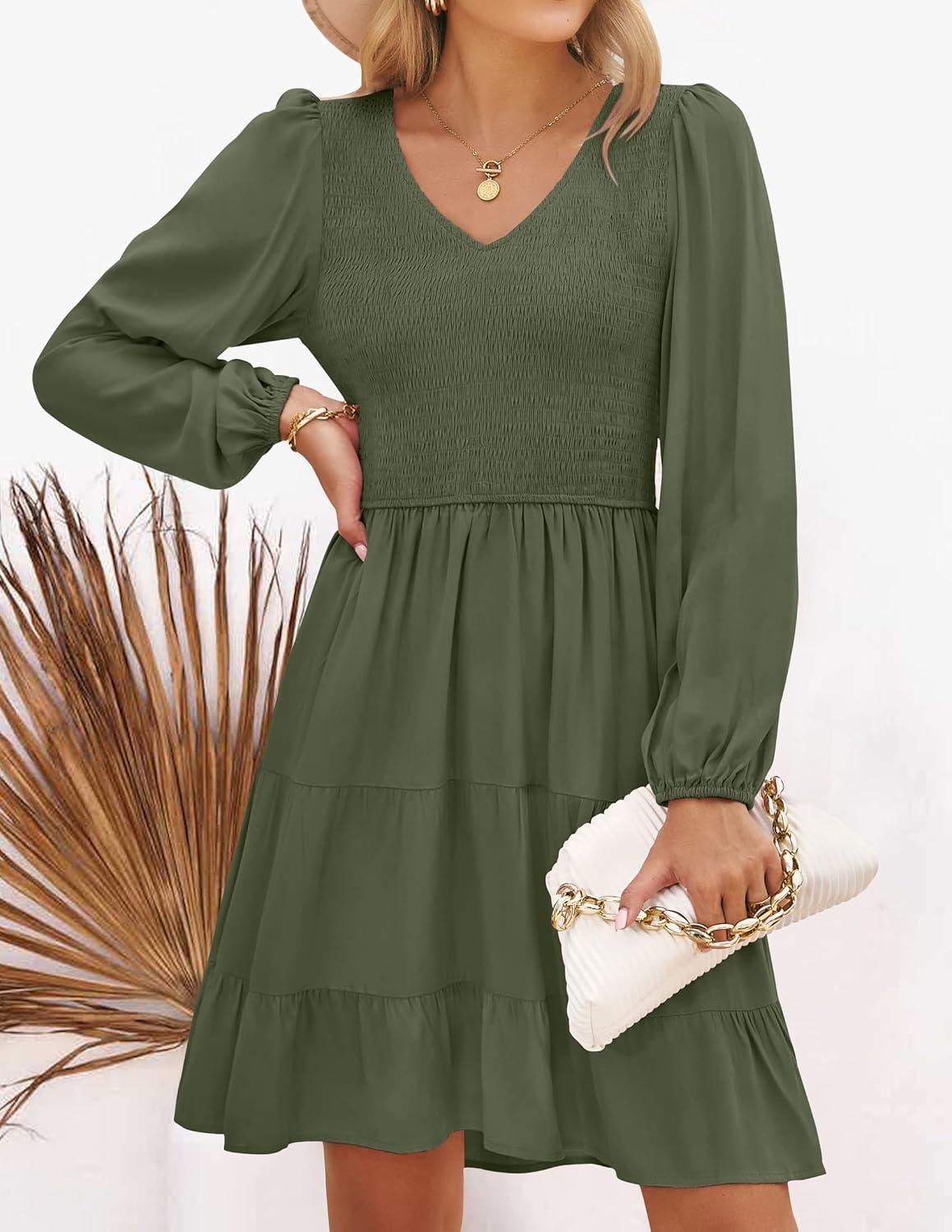 imageZESICA Womens Casual V Neck Long Sleeve Smocked High Waist Ruffle A Line Tiered Mini DressArmygreen