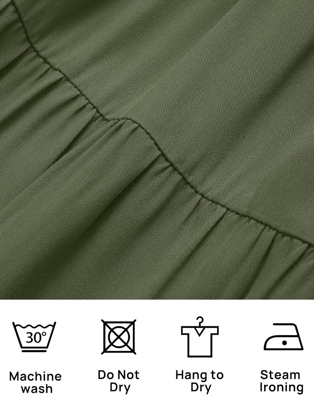 imageZESICA Womens Casual V Neck Long Sleeve Smocked High Waist Ruffle A Line Tiered Mini DressArmygreen