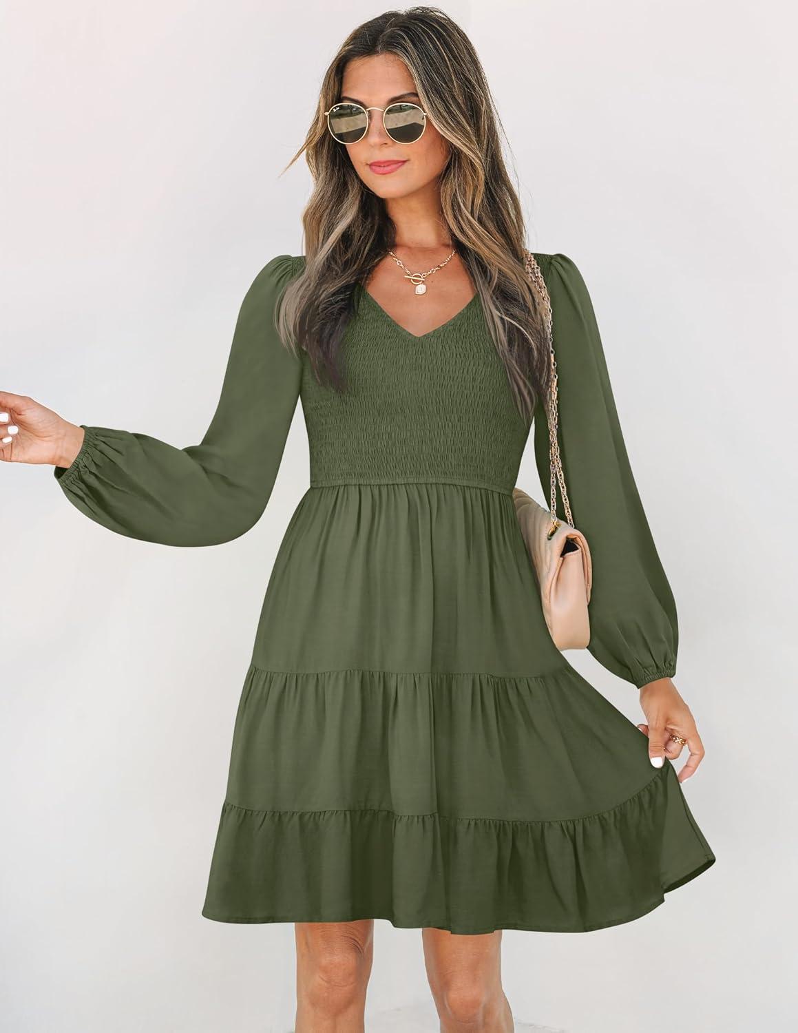 imageZESICA Womens Casual V Neck Long Sleeve Smocked High Waist Ruffle A Line Tiered Mini DressArmygreen