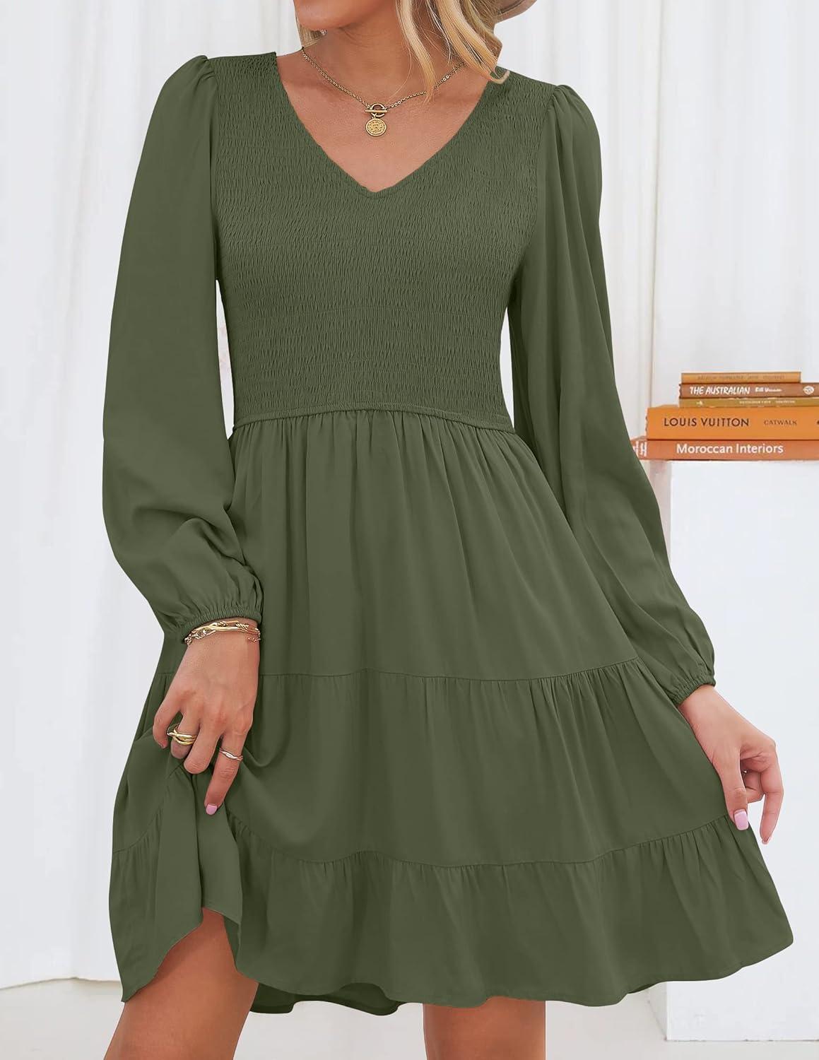 imageZESICA Womens Casual V Neck Long Sleeve Smocked High Waist Ruffle A Line Tiered Mini DressArmygreen