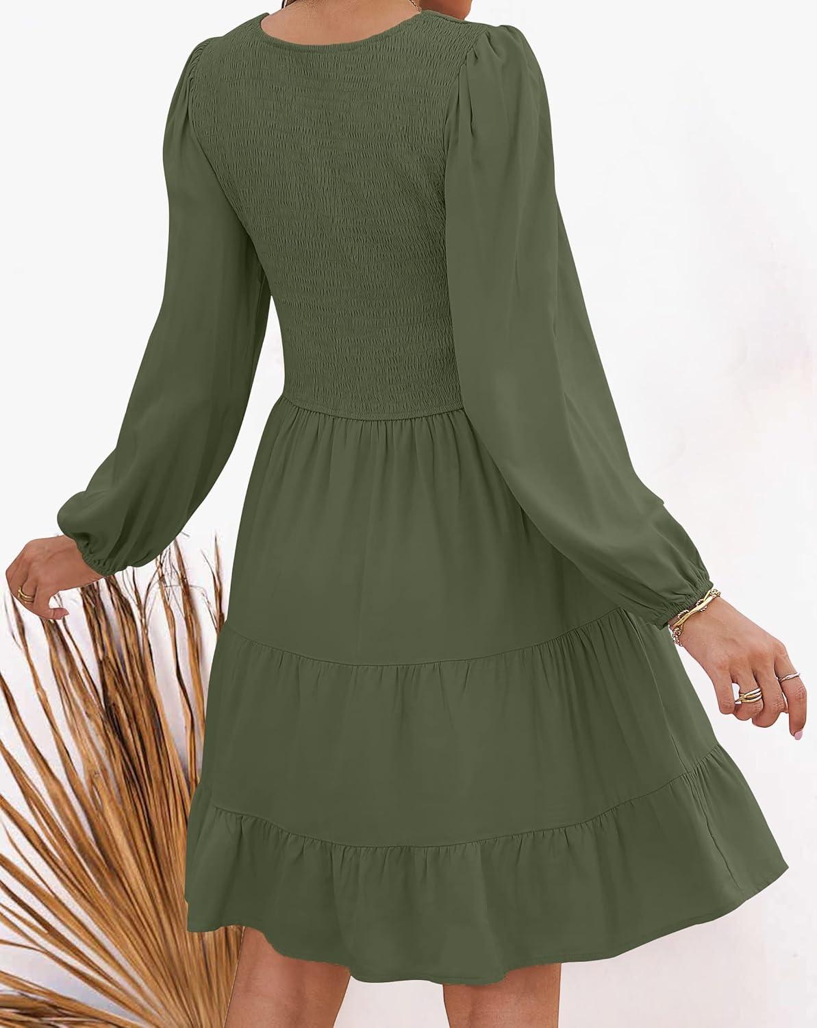 imageZESICA Womens Casual V Neck Long Sleeve Smocked High Waist Ruffle A Line Tiered Mini DressArmygreen