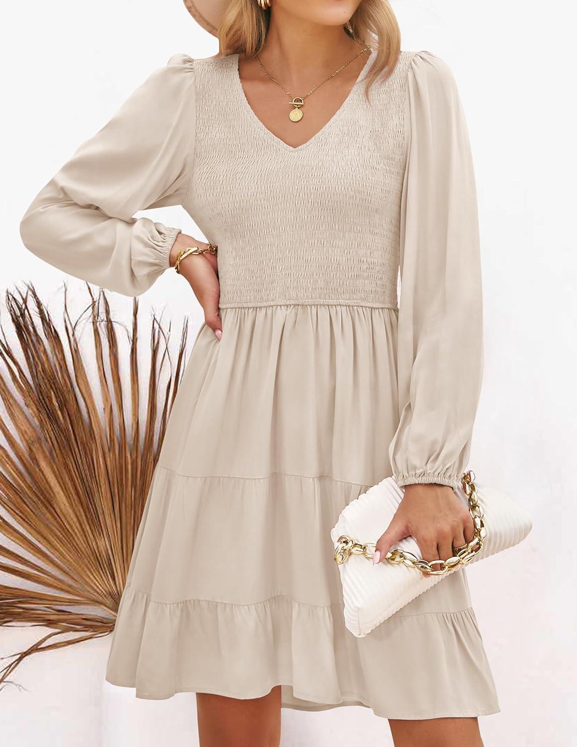 imageZESICA Womens Casual V Neck Long Sleeve Smocked High Waist Ruffle A Line Tiered Mini DressBeige