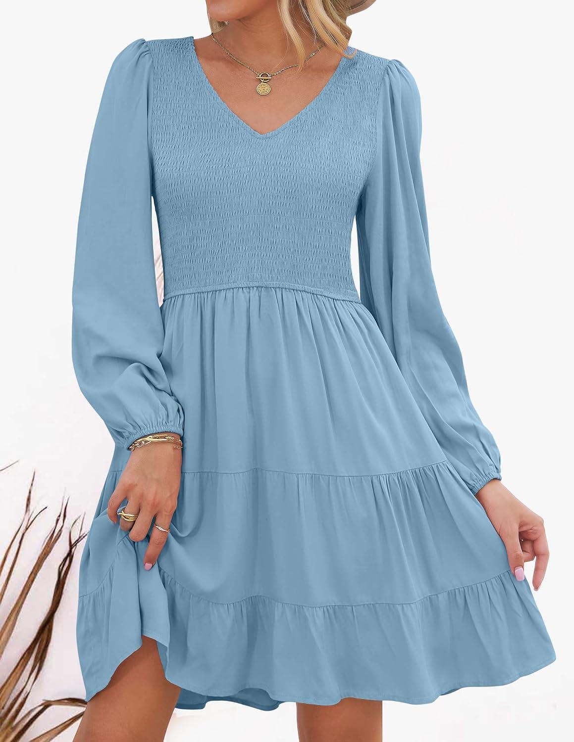 imageZESICA Womens Casual V Neck Long Sleeve Smocked High Waist Ruffle A Line Tiered Mini DressBlue