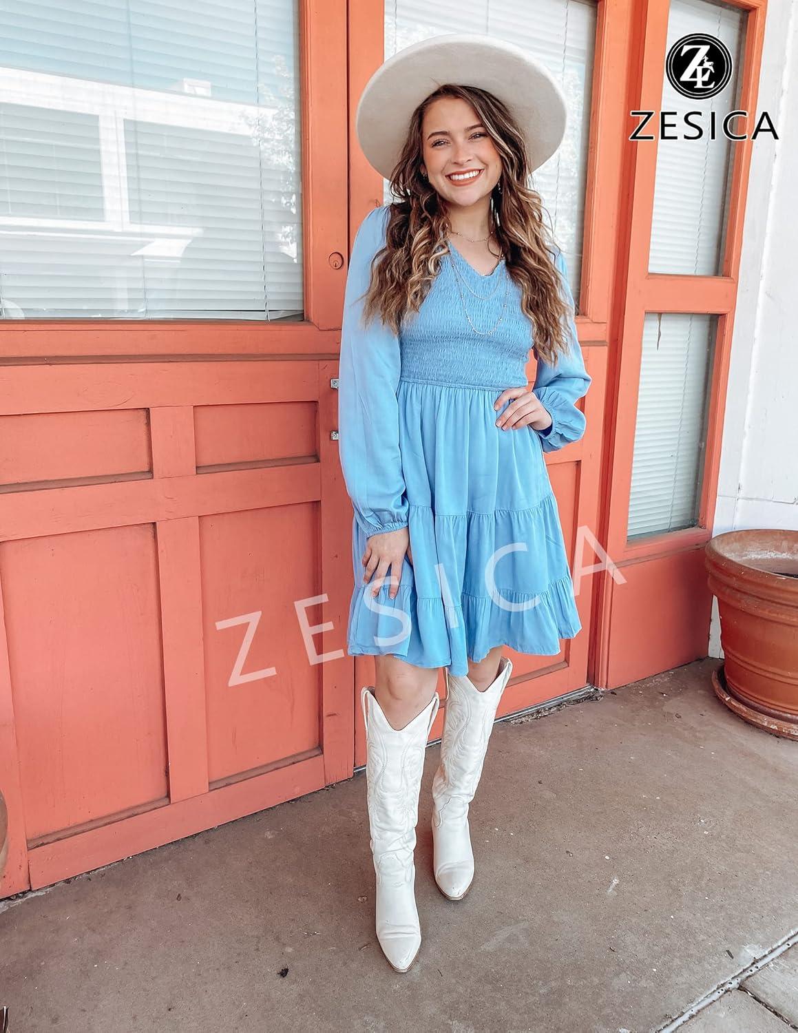 imageZESICA Womens Casual V Neck Long Sleeve Smocked High Waist Ruffle A Line Tiered Mini DressBlue