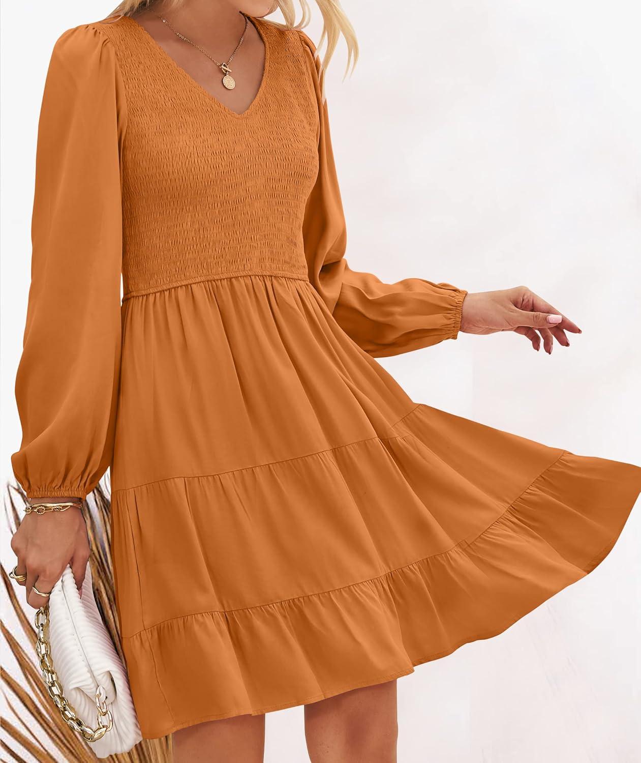 imageZESICA Womens Casual V Neck Long Sleeve Smocked High Waist Ruffle A Line Tiered Mini DressCaramel