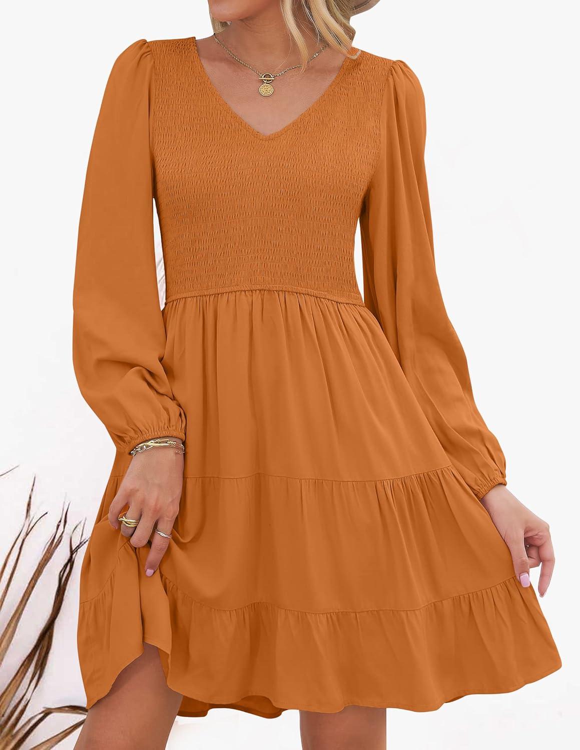imageZESICA Womens Casual V Neck Long Sleeve Smocked High Waist Ruffle A Line Tiered Mini DressCaramel