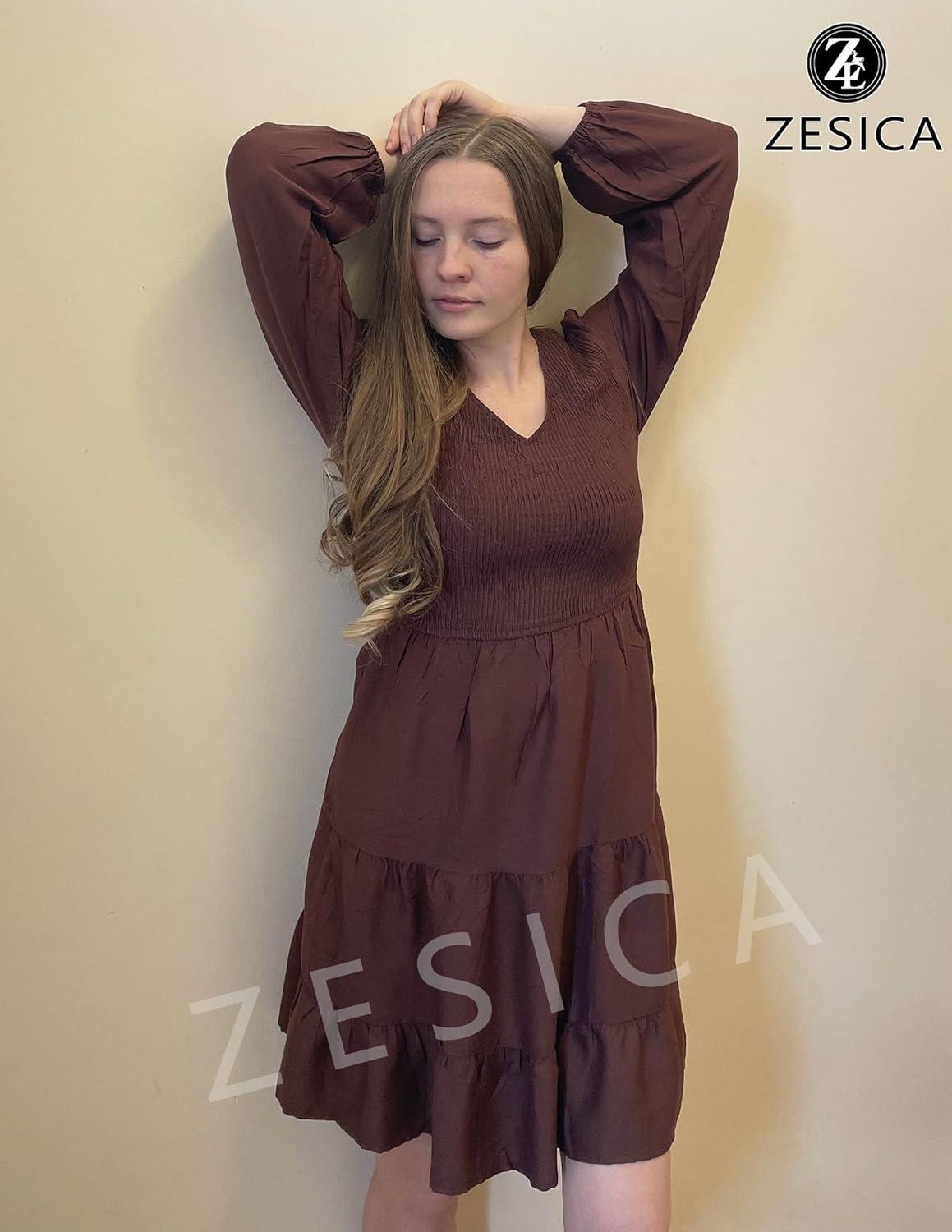 imageZESICA Womens Casual V Neck Long Sleeve Smocked High Waist Ruffle A Line Tiered Mini DressCoffee