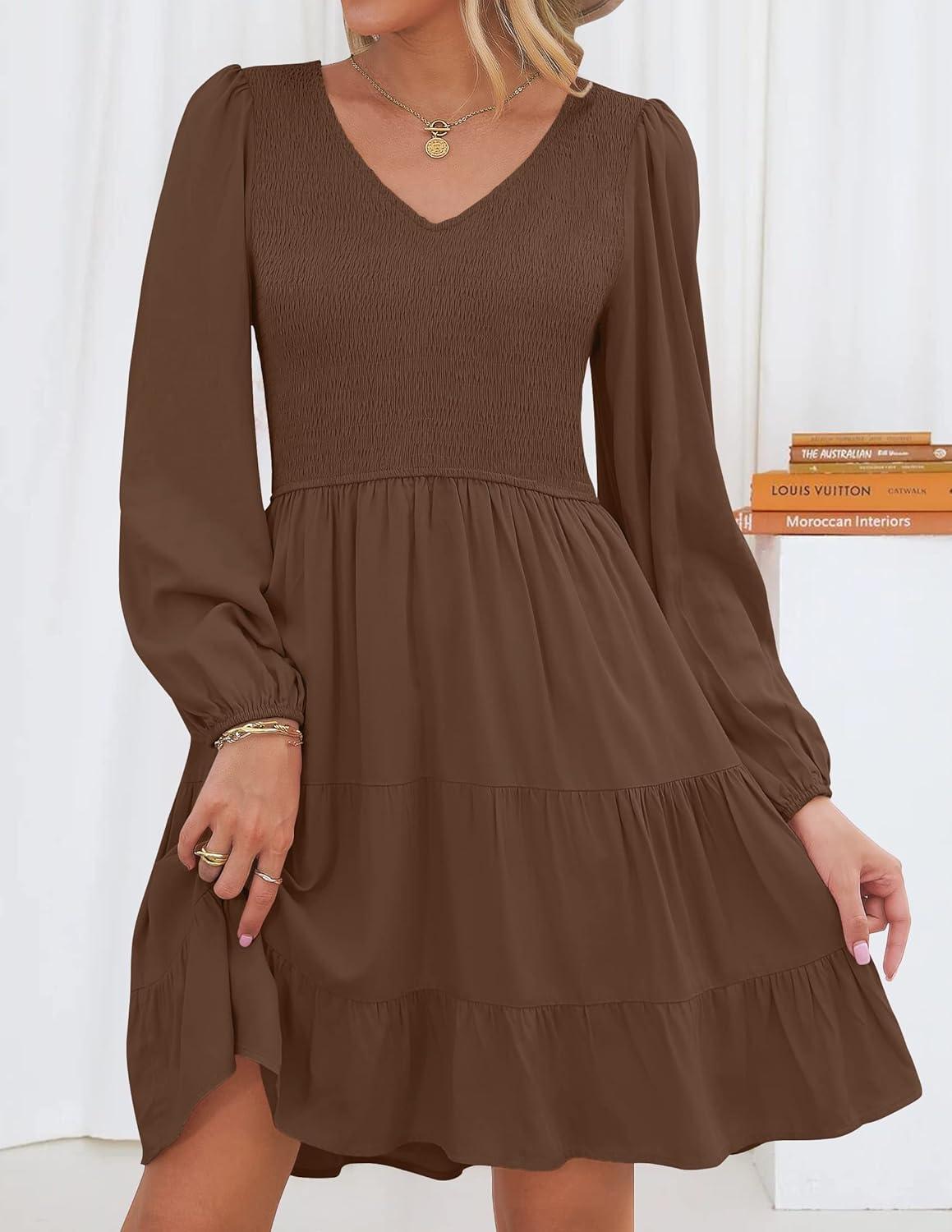 imageZESICA Womens Casual V Neck Long Sleeve Smocked High Waist Ruffle A Line Tiered Mini DressCoffee