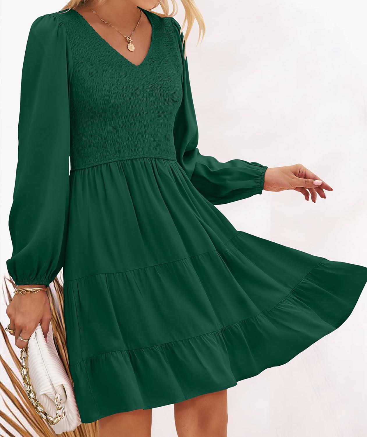 imageZESICA Womens Casual V Neck Long Sleeve Smocked High Waist Ruffle A Line Tiered Mini DressDarkgreen