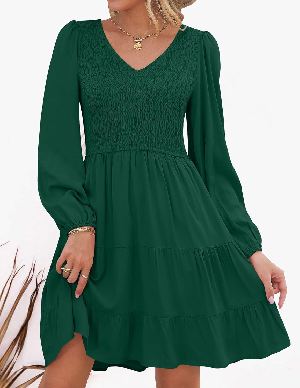 imageZESICA Womens Casual V Neck Long Sleeve Smocked High Waist Ruffle A Line Tiered Mini DressDarkgreen