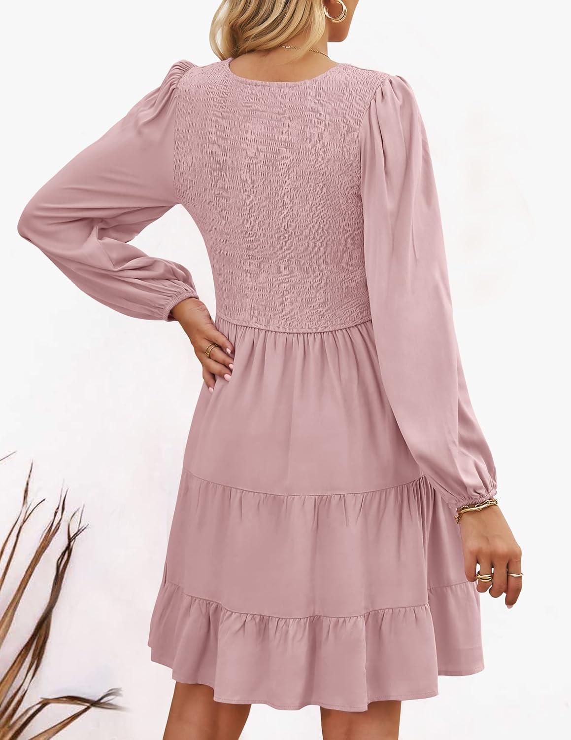 imageZESICA Womens Casual V Neck Long Sleeve Smocked High Waist Ruffle A Line Tiered Mini DressDarkpink