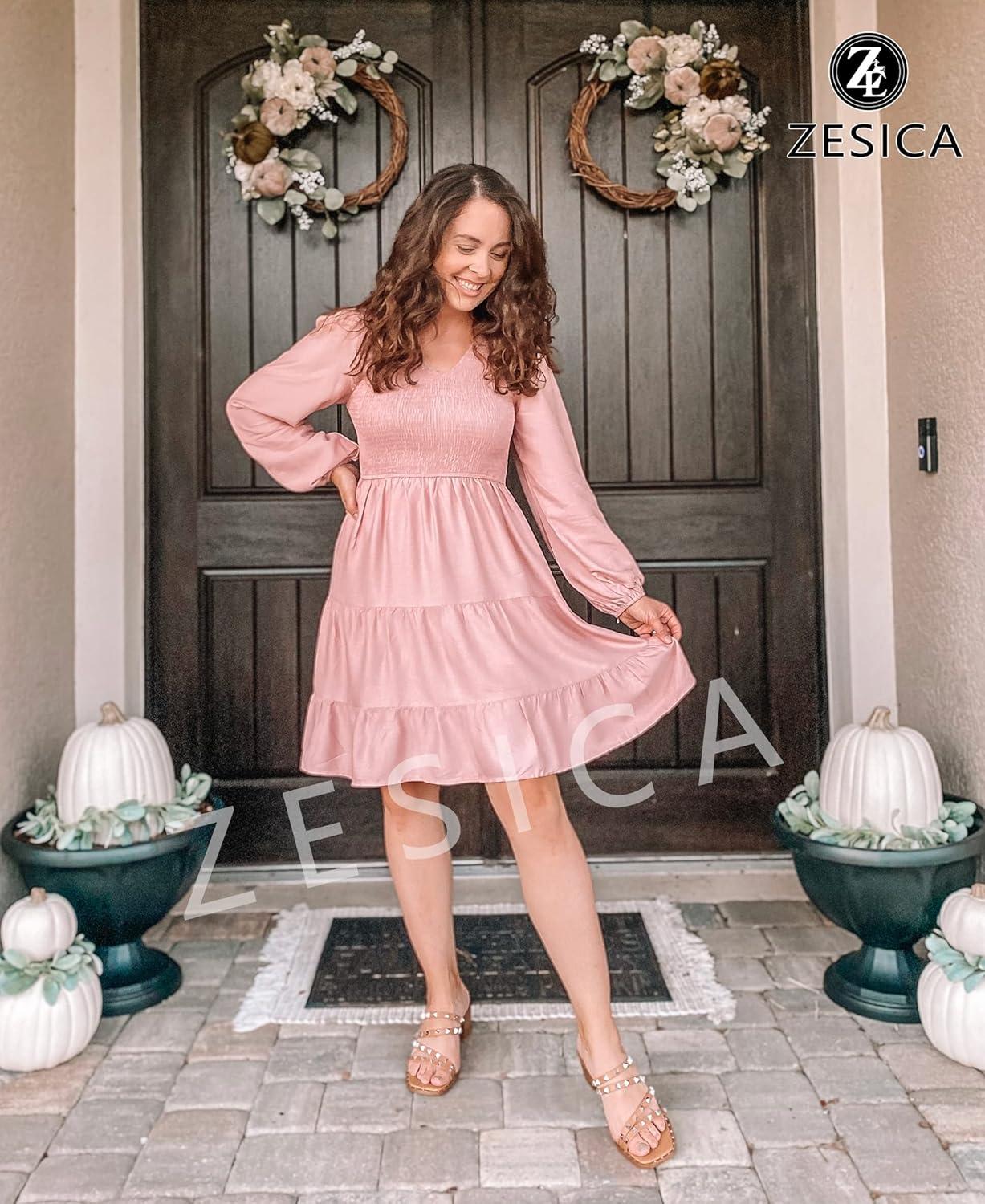 imageZESICA Womens Casual V Neck Long Sleeve Smocked High Waist Ruffle A Line Tiered Mini DressDarkpink