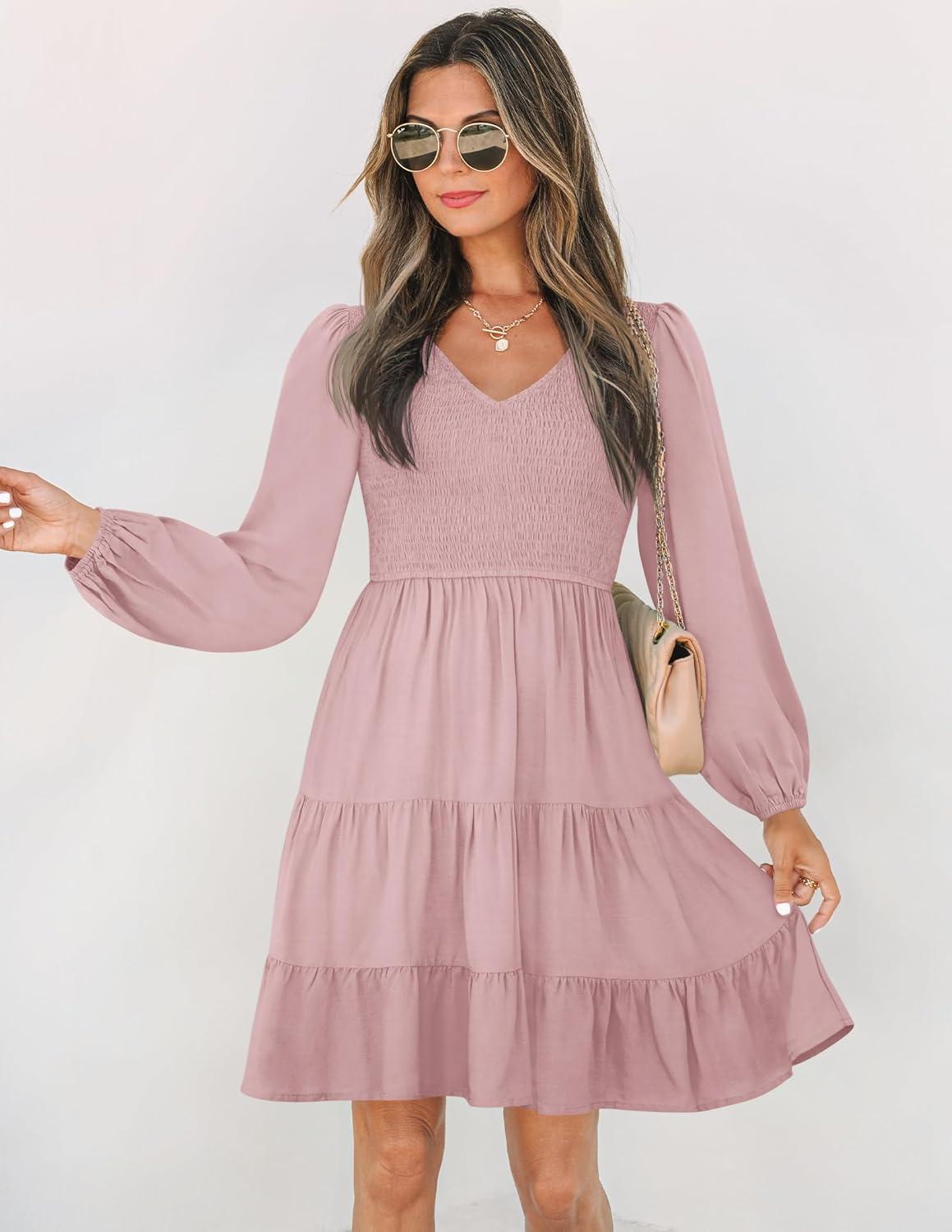 imageZESICA Womens Casual V Neck Long Sleeve Smocked High Waist Ruffle A Line Tiered Mini DressDarkpink