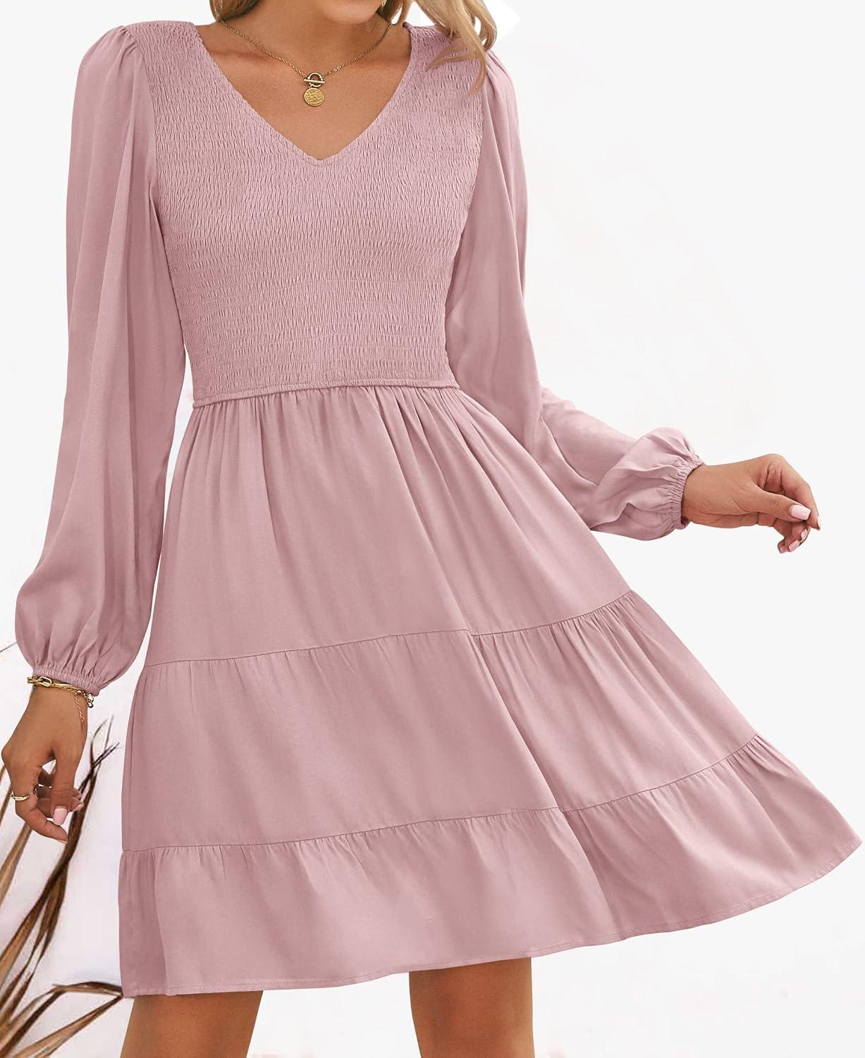 imageZESICA Womens Casual V Neck Long Sleeve Smocked High Waist Ruffle A Line Tiered Mini DressDarkpink