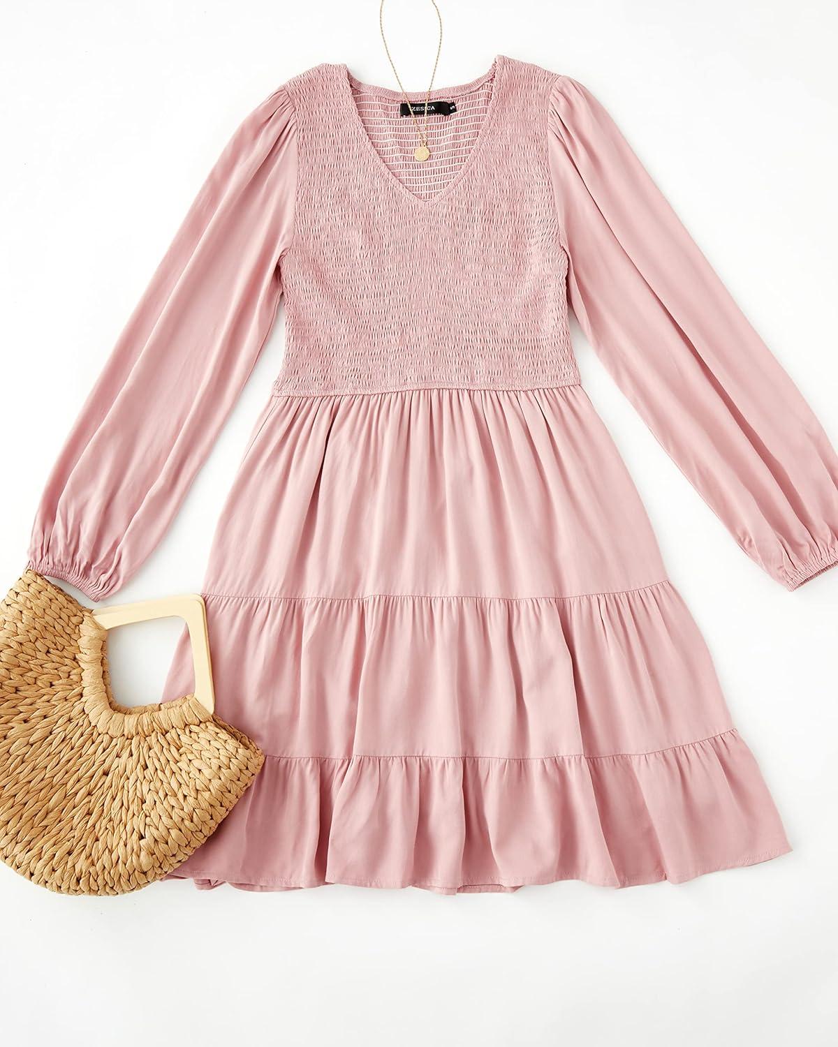 imageZESICA Womens Casual V Neck Long Sleeve Smocked High Waist Ruffle A Line Tiered Mini DressDarkpink