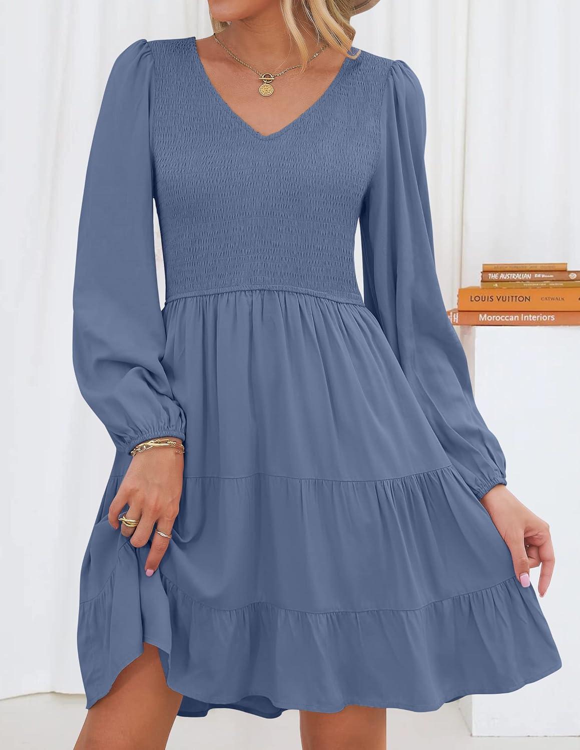 imageZESICA Womens Casual V Neck Long Sleeve Smocked High Waist Ruffle A Line Tiered Mini DressDustyblue