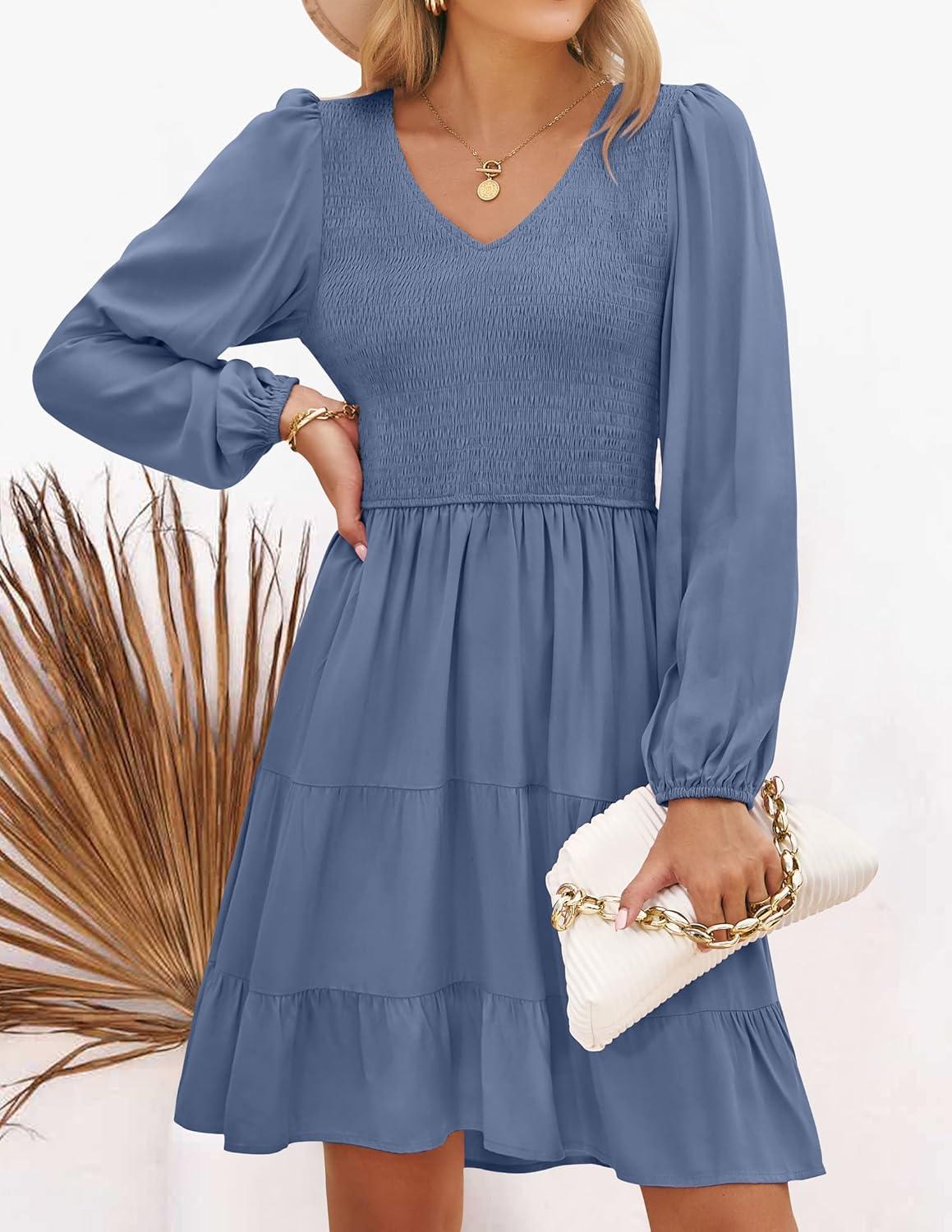 imageZESICA Womens Casual V Neck Long Sleeve Smocked High Waist Ruffle A Line Tiered Mini DressDustyblue