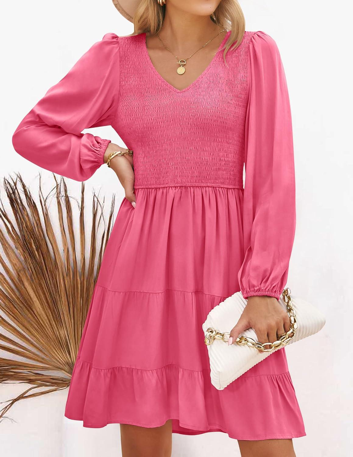 imageZESICA Womens Casual V Neck Long Sleeve Smocked High Waist Ruffle A Line Tiered Mini DressHotpink