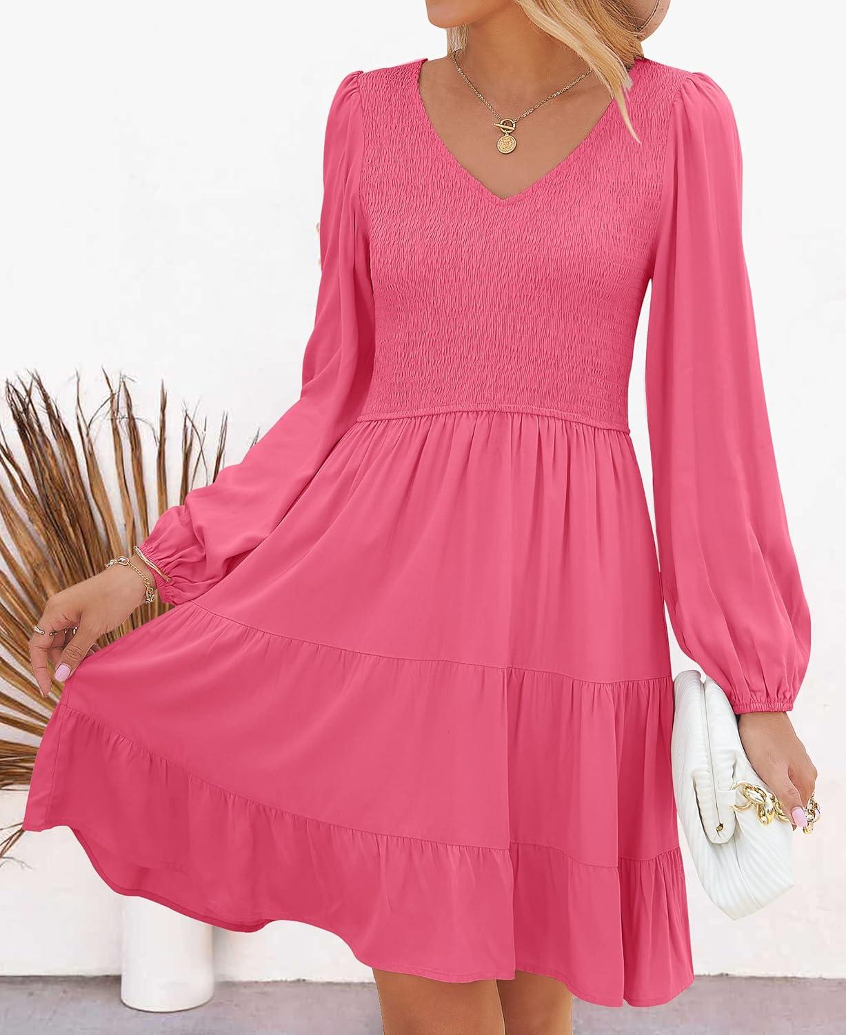 imageZESICA Womens Casual V Neck Long Sleeve Smocked High Waist Ruffle A Line Tiered Mini DressHotpink
