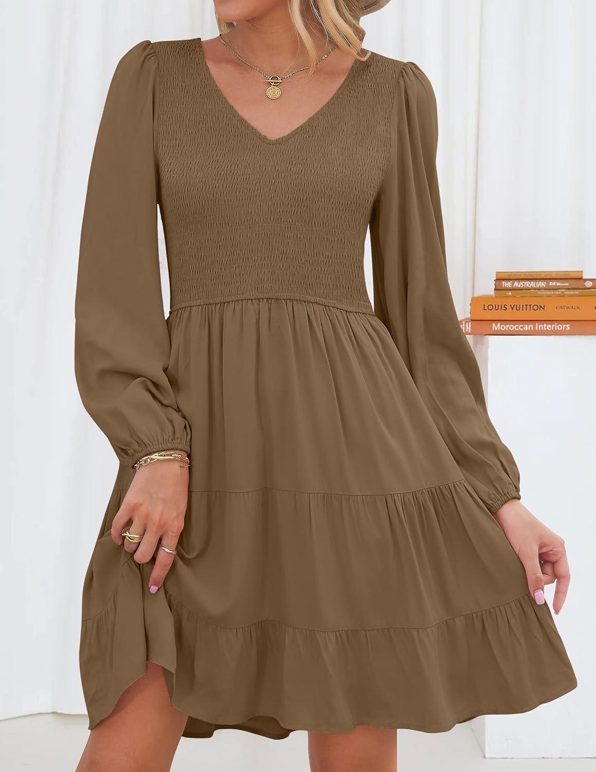 imageZESICA Womens Casual V Neck Long Sleeve Smocked High Waist Ruffle A Line Tiered Mini DressMocha