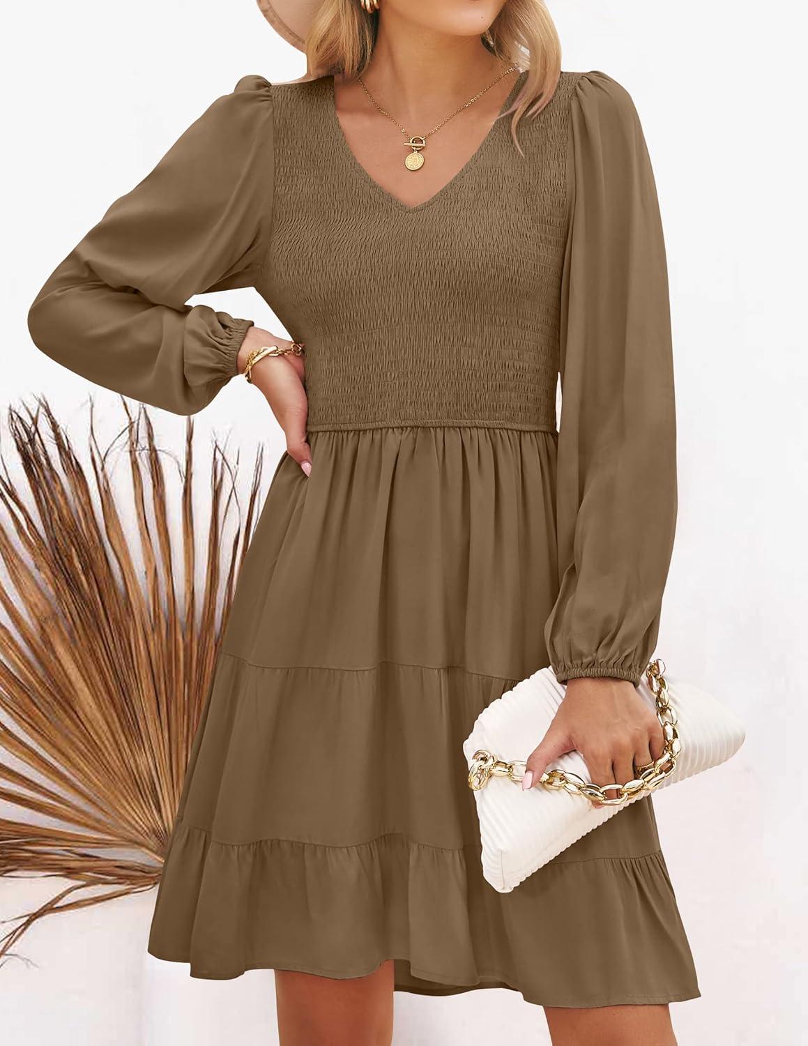 imageZESICA Womens Casual V Neck Long Sleeve Smocked High Waist Ruffle A Line Tiered Mini DressMocha