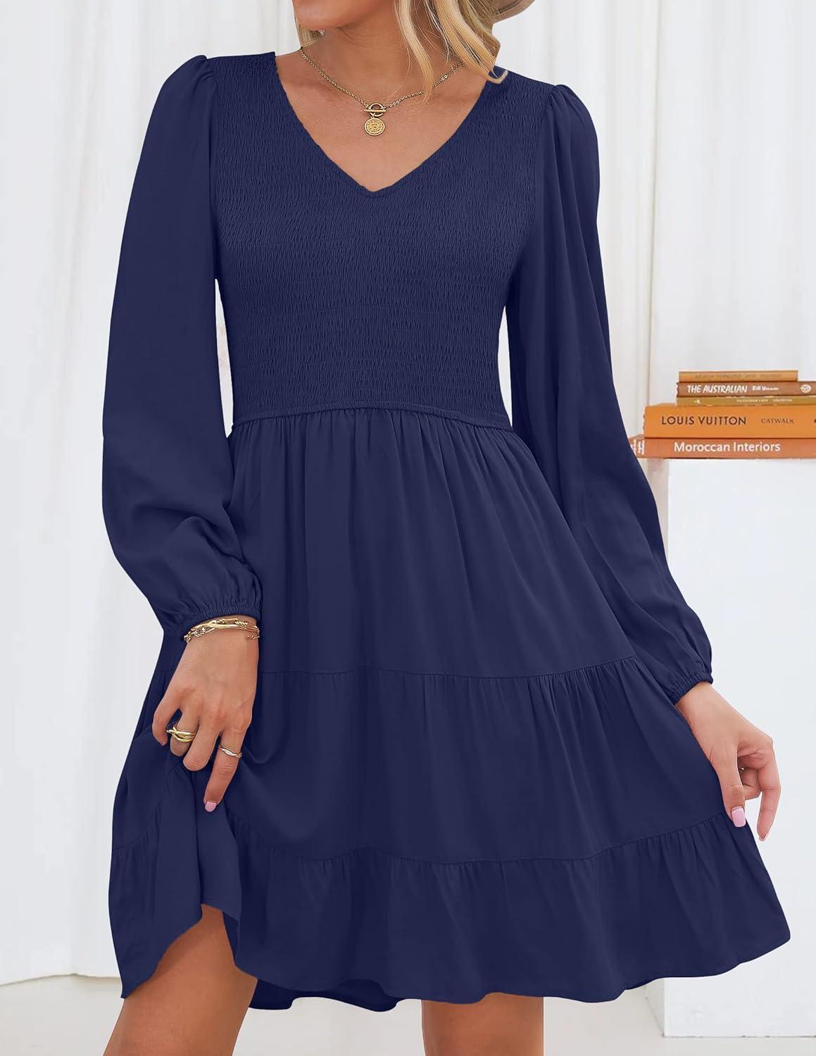 imageZESICA Womens Casual V Neck Long Sleeve Smocked High Waist Ruffle A Line Tiered Mini DressNavy