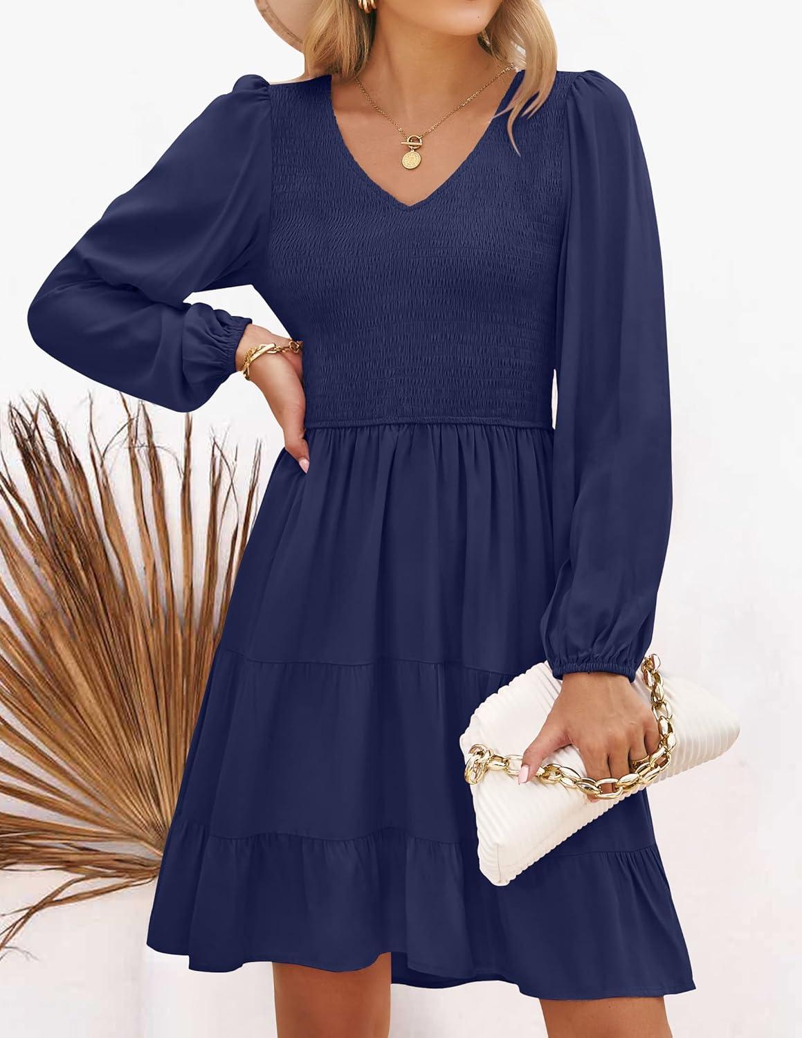 imageZESICA Womens Casual V Neck Long Sleeve Smocked High Waist Ruffle A Line Tiered Mini DressNavy