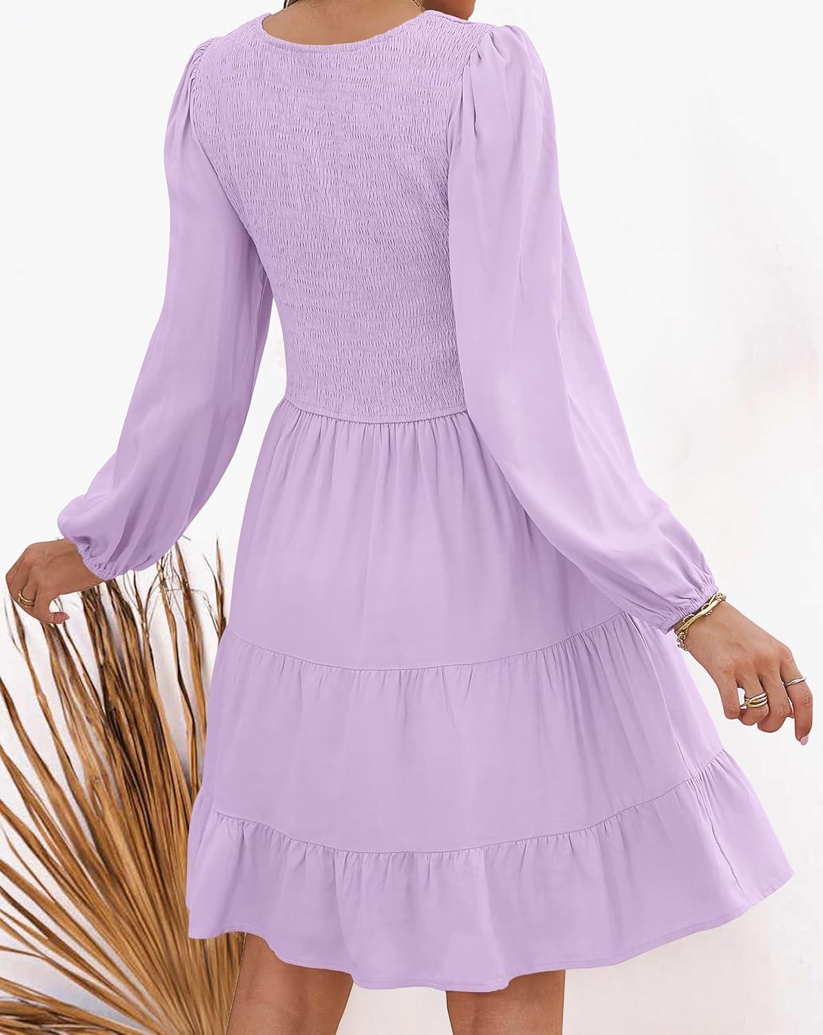 imageZESICA Womens Casual V Neck Long Sleeve Smocked High Waist Ruffle A Line Tiered Mini DressPurple