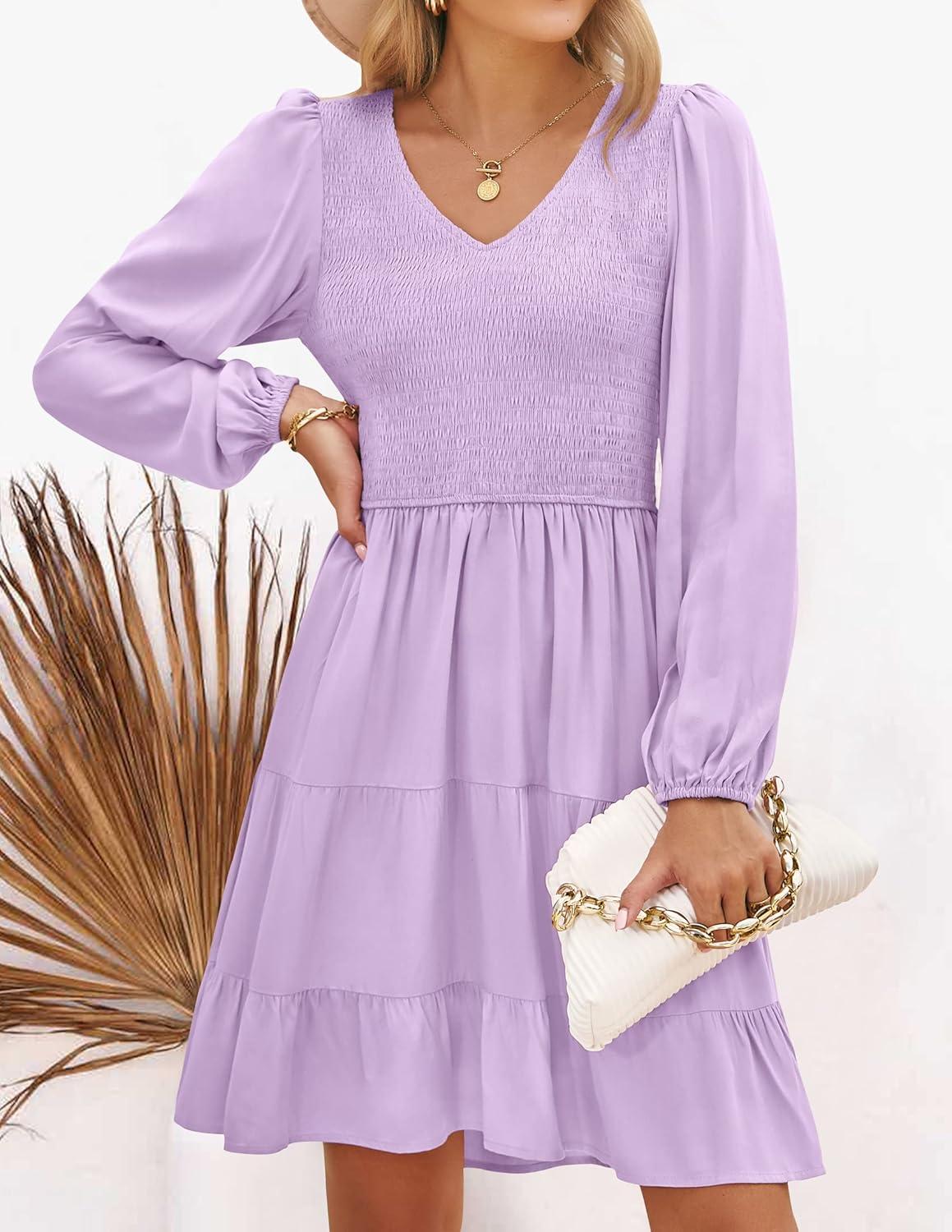 imageZESICA Womens Casual V Neck Long Sleeve Smocked High Waist Ruffle A Line Tiered Mini DressPurple