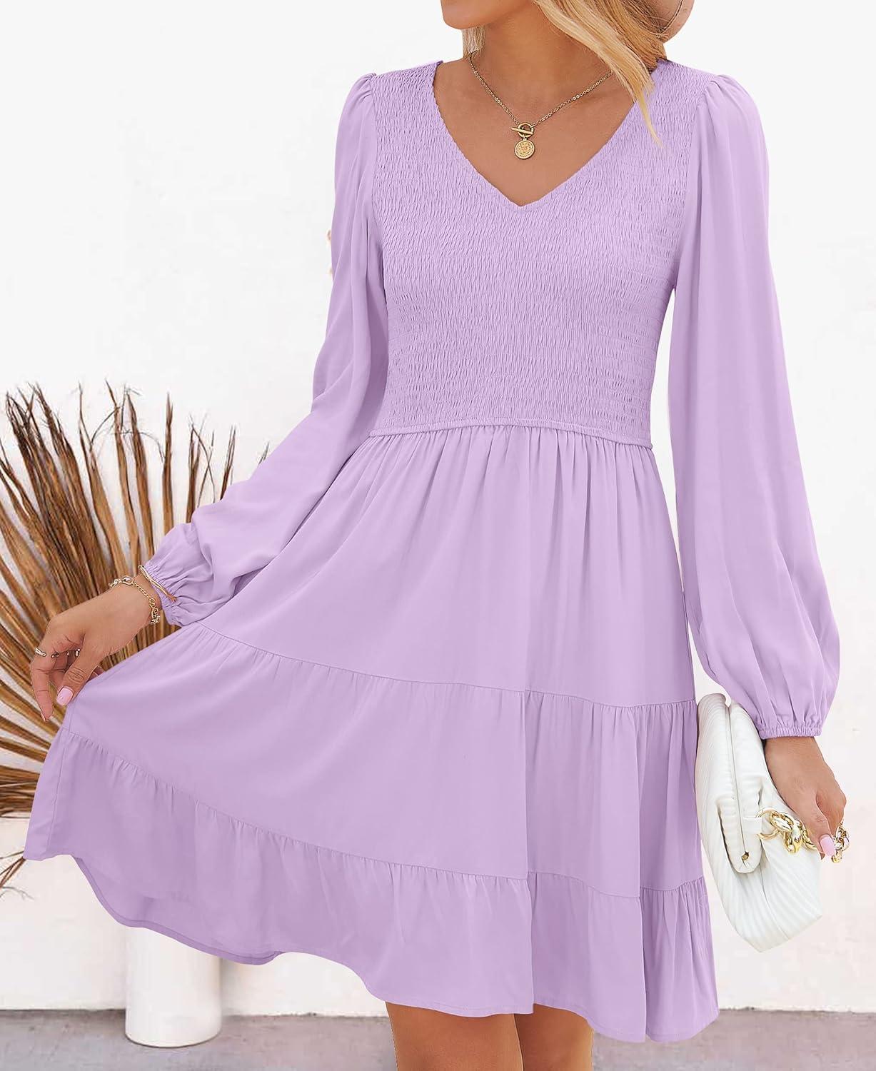 imageZESICA Womens Casual V Neck Long Sleeve Smocked High Waist Ruffle A Line Tiered Mini DressPurple