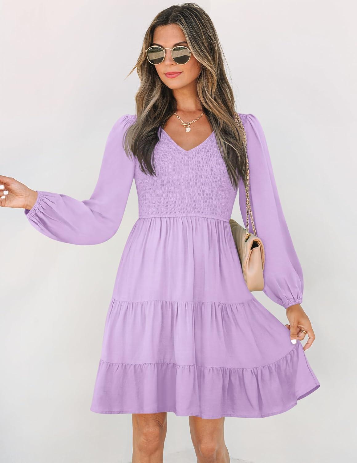 imageZESICA Womens Casual V Neck Long Sleeve Smocked High Waist Ruffle A Line Tiered Mini DressPurple