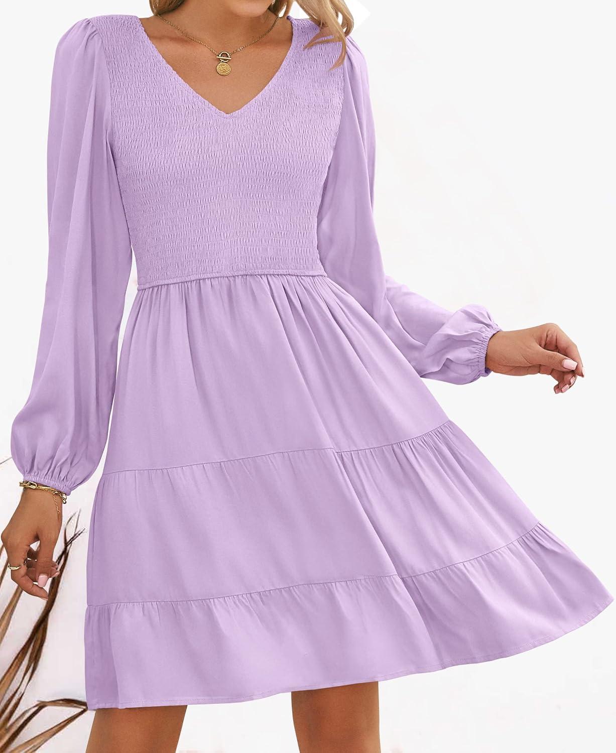imageZESICA Womens Casual V Neck Long Sleeve Smocked High Waist Ruffle A Line Tiered Mini DressPurple