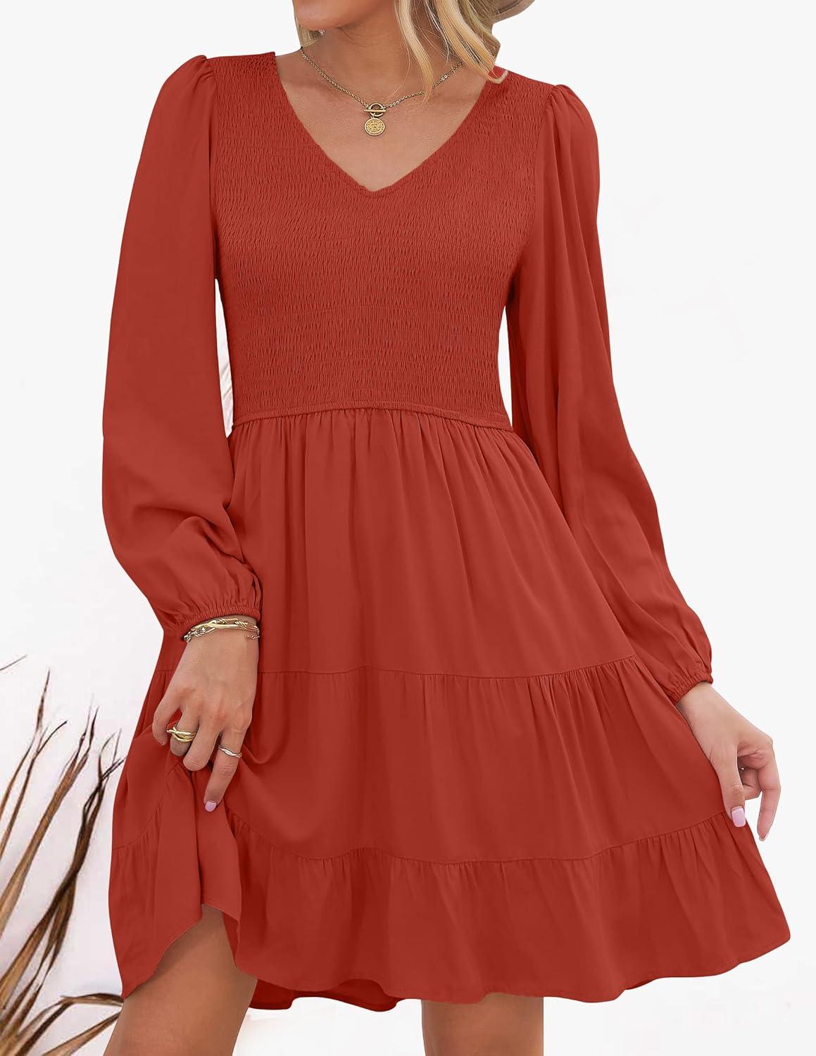 imageZESICA Womens Casual V Neck Long Sleeve Smocked High Waist Ruffle A Line Tiered Mini DressRed