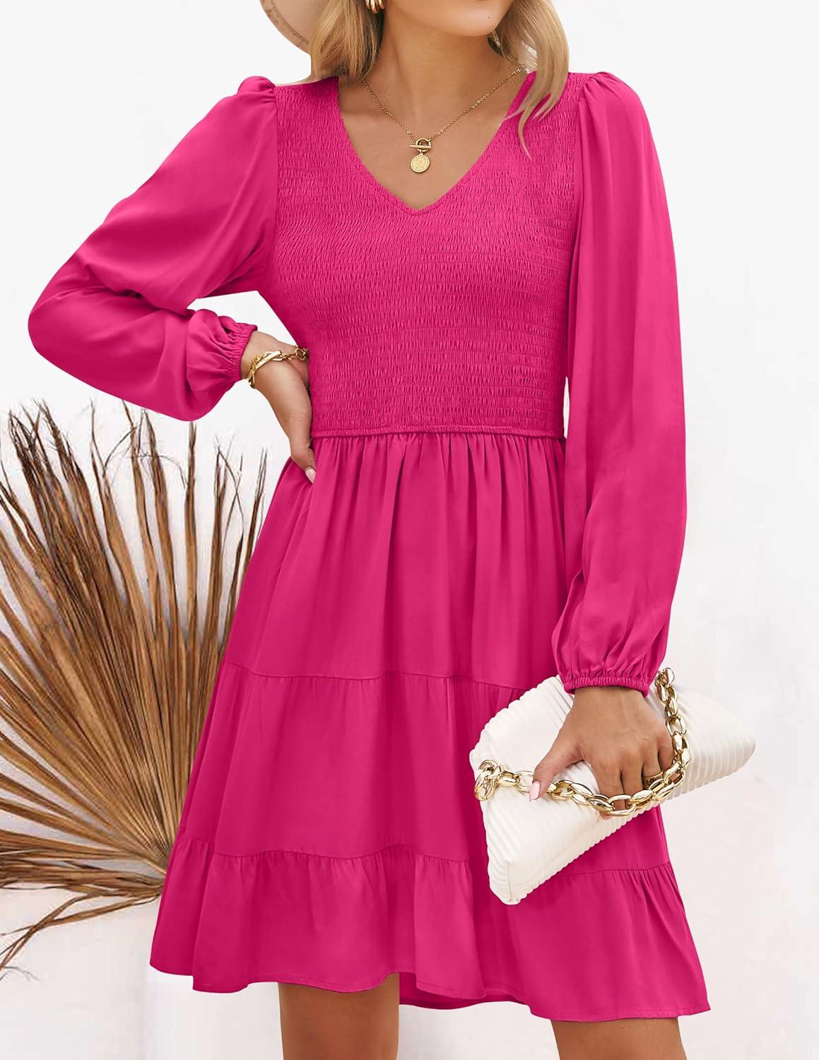 imageZESICA Womens Casual V Neck Long Sleeve Smocked High Waist Ruffle A Line Tiered Mini DressRose