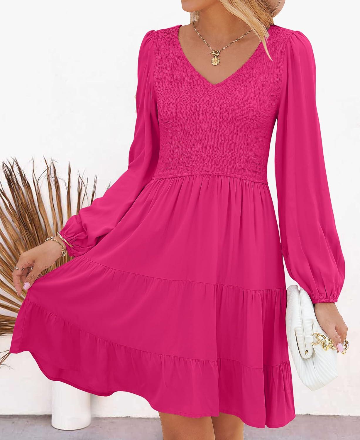 imageZESICA Womens Casual V Neck Long Sleeve Smocked High Waist Ruffle A Line Tiered Mini DressRose