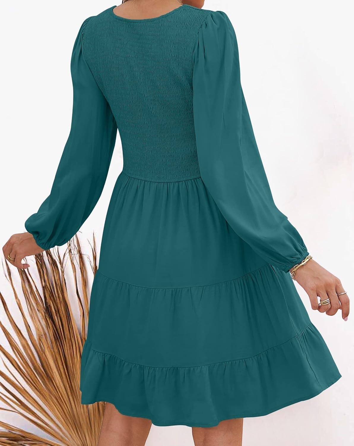 imageZESICA Womens Casual V Neck Long Sleeve Smocked High Waist Ruffle A Line Tiered Mini DressTealgreen